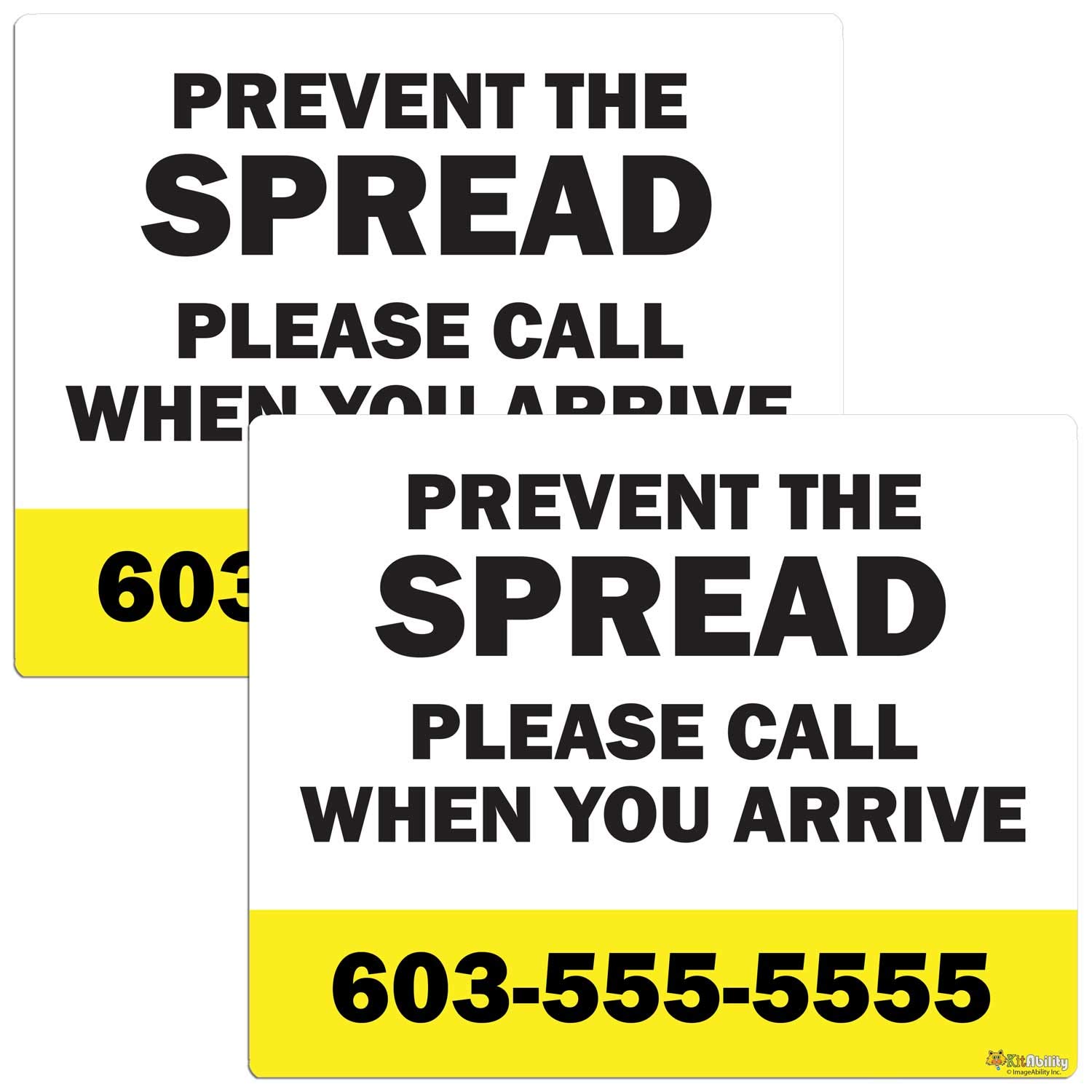 Small Yellow Warning Stickers 5x4 Inch - Prevent Spread for Businesses - Call for Info - Ideal for Retail, Offices & Public Spaces