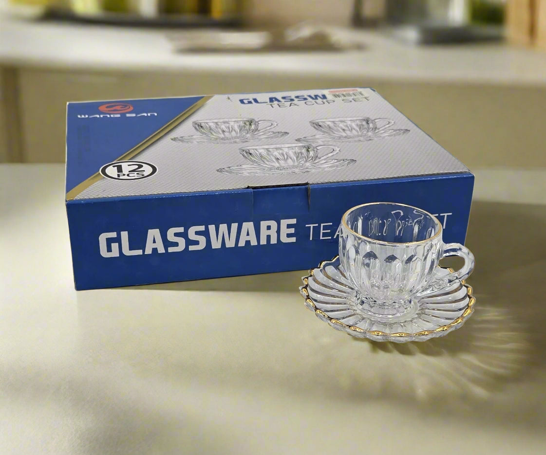 6-Piece Gold Rim Glass Coffee Set - Elegant Tea & Espresso Cups for Home, Office, or Restaurant Use