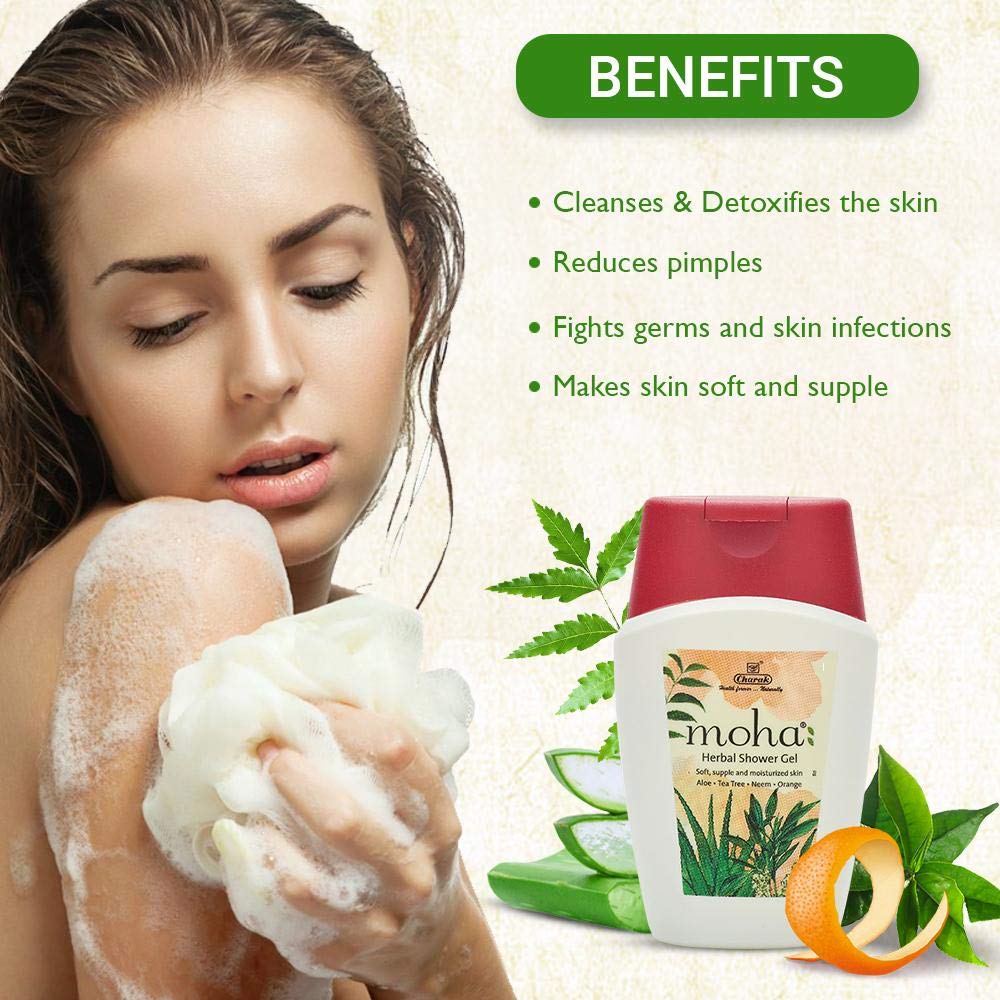 Moha Herbal Shower Gel with Aloe Vera, Tea Tree, Neem & Orange - Natural Body Wash for Soft, Supple & Moisturized Skin (200ml) - Perfect for Daily Hydration & Aromatherapy Relaxation