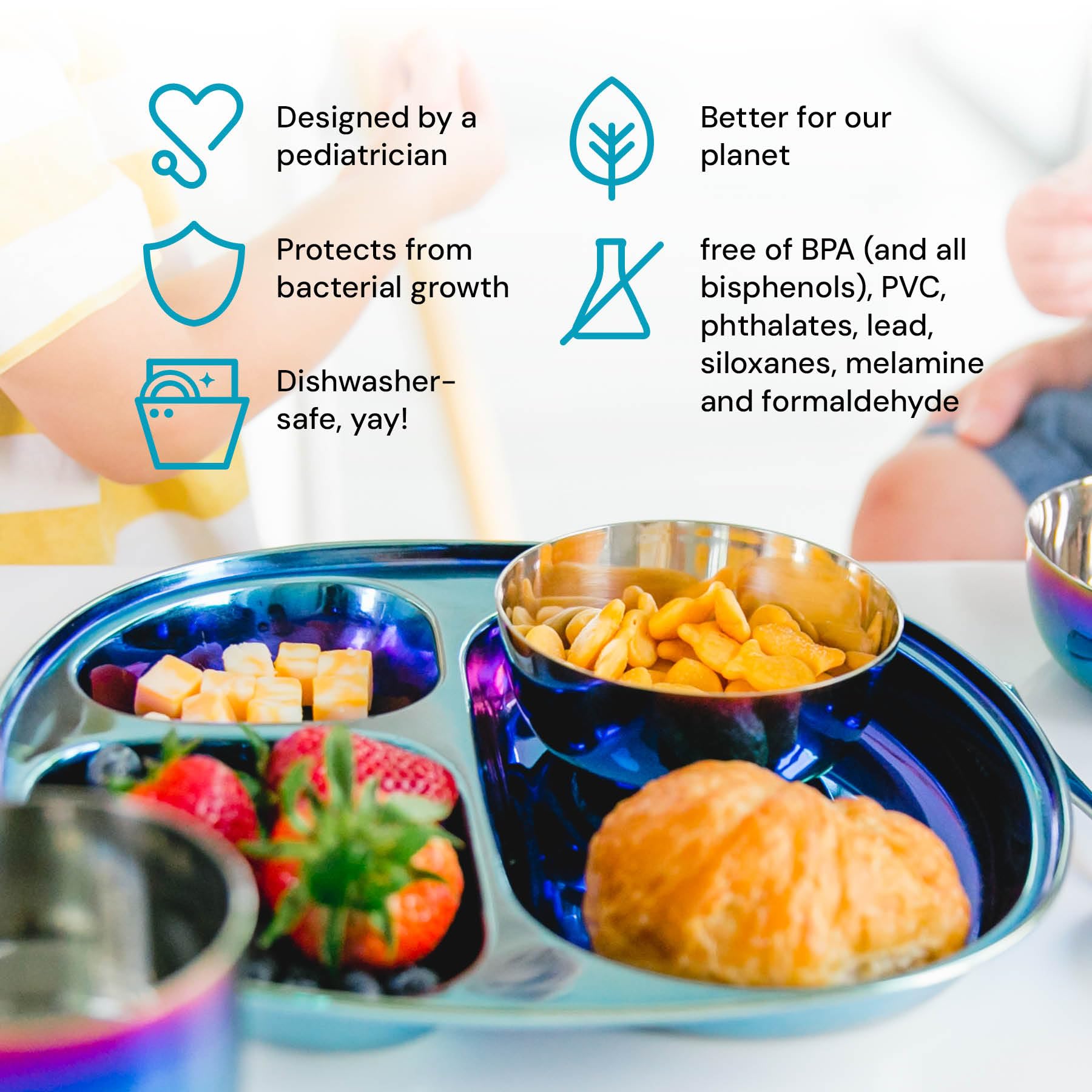Ahimsa Stainless Steel Divided Plates for Kids & Toddlers - BPA Free, Non-Toxic, Dishwasher Safe | Pediatrician Designed Baby Plates for Healthy Meals (Set of 4, Blue) - Perfect for Daycare, School Lunches & Picky Eaters