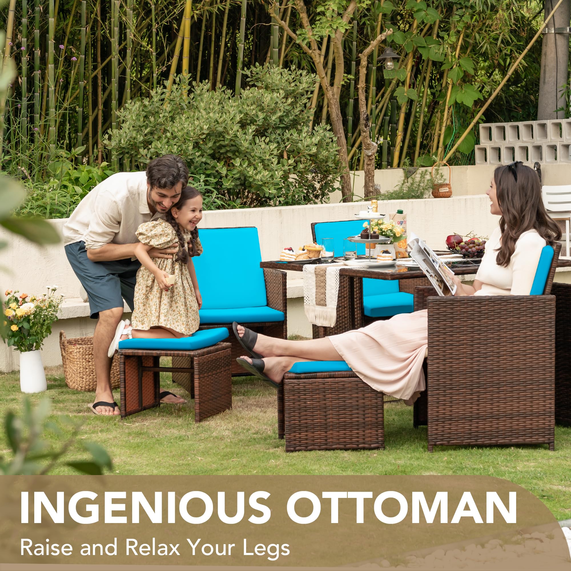 Devoko 9-Piece Outdoor Patio Dining Set - Space-Saving Rattan Chairs with Tempered Glass Table, Cushioned Seating & Back Sectional Conversation Set (Blue) - Perfect for Garden, Backyard, Balcony & Poolside Relaxation