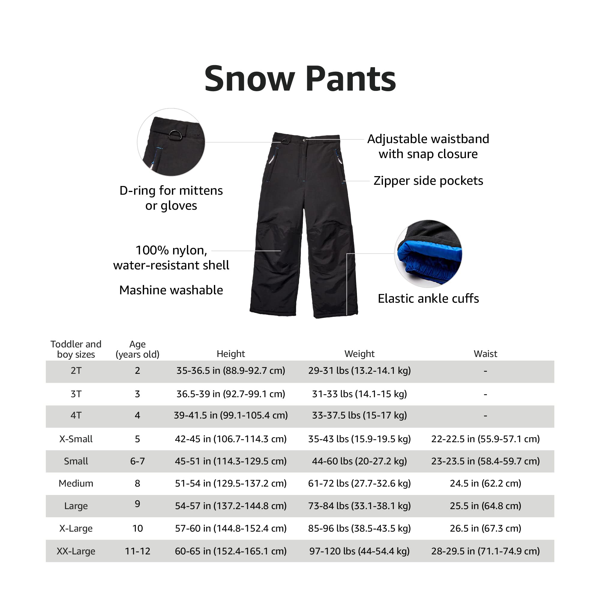 Amazon Essentials Boys and Toddlers' Water-Resistant Snow Pants - Winter Outdoor Play, Skiing & Snowboarding Gear for Kids