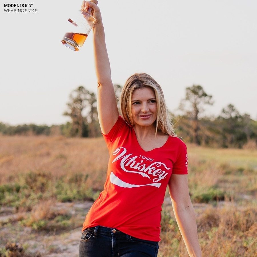 Women's Enjoy Whiskey V-Neck T-Shirt - Soft Red Casual Tee for Women | Perfect for Bar Nights, Girls' Outings & Casual Wear