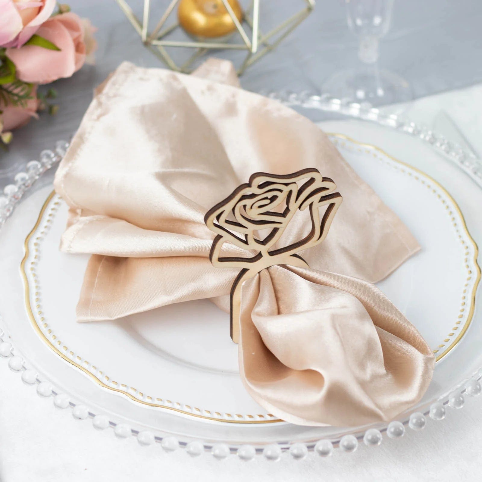 10 Pack Laser Cut Rose Design Wooden Napkin Rings - Natural Wood for Wedding, Party & Holiday Table Decor
