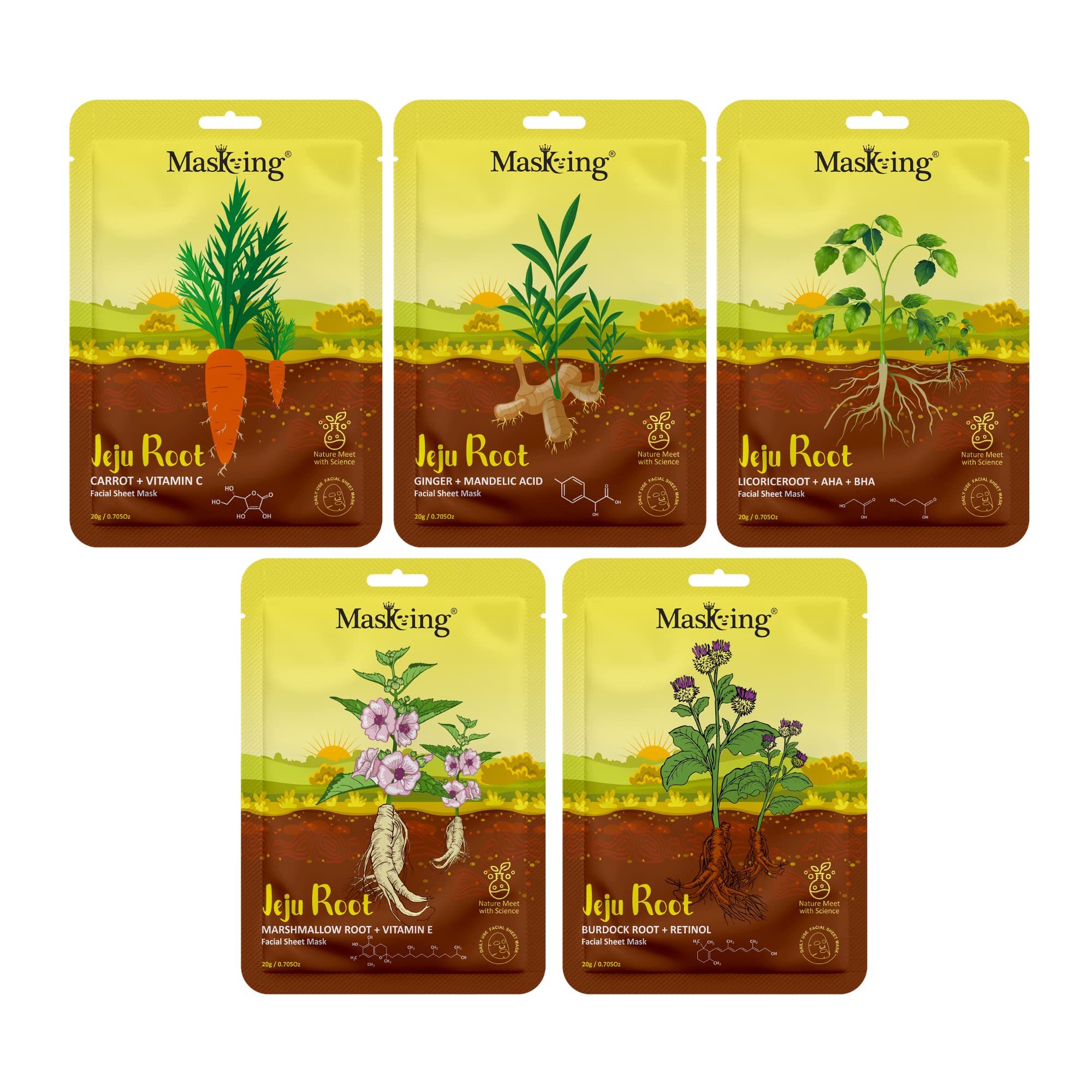 Jeju Root Brightening & Hydrating Face Sheet Mask for Glowing Skin - 5 Pack for Men & Women - Perfect for Daily Skincare & Spa Nights
