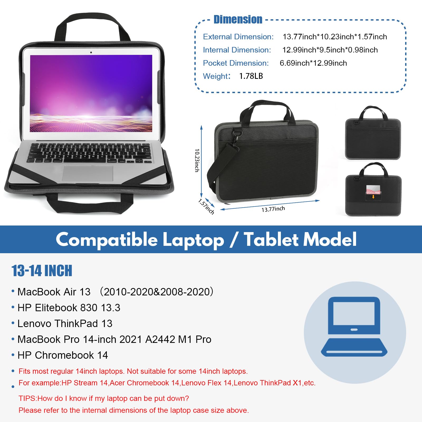 Shockproof 13-14 Inch Laptop Sleeve Case for MacBook Air/Pro, HP, Dell, Lenovo & Chromebook - Lightweight Protective Shoulder Bag (Black) | Perfect for Travel, Work & School
