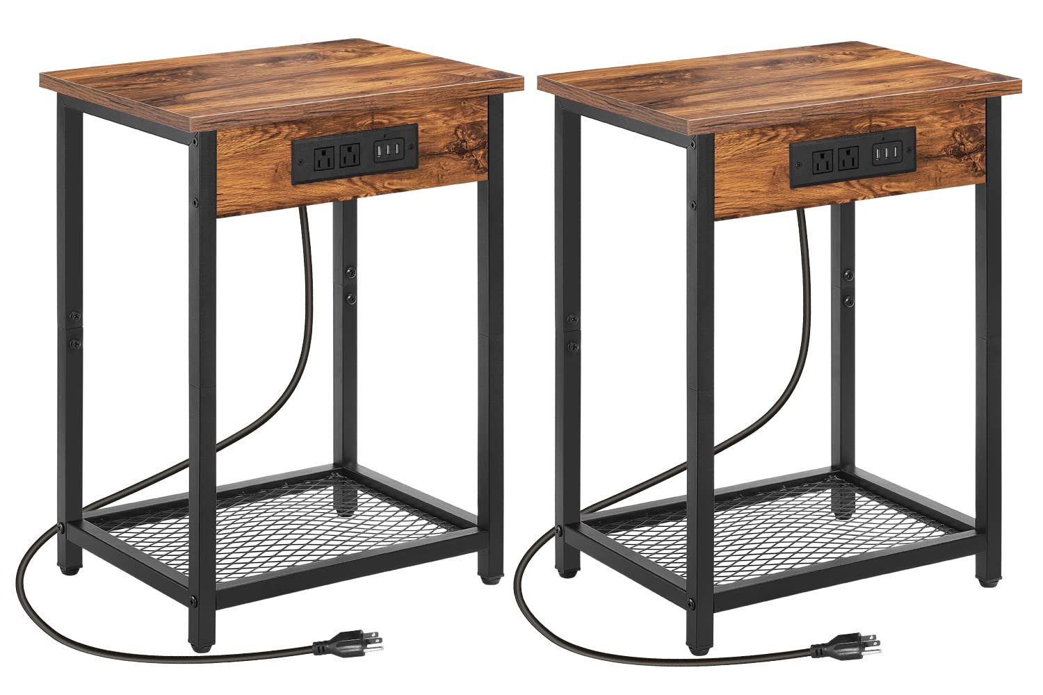 2-Tier Nightstand Set of 2 with USB Charging Station & Storage Shelf - Narrow Bedside End Tables for Bedroom, Living Room & Sofa - Perfect for Small Spaces & Modern Home Decor (Brown)