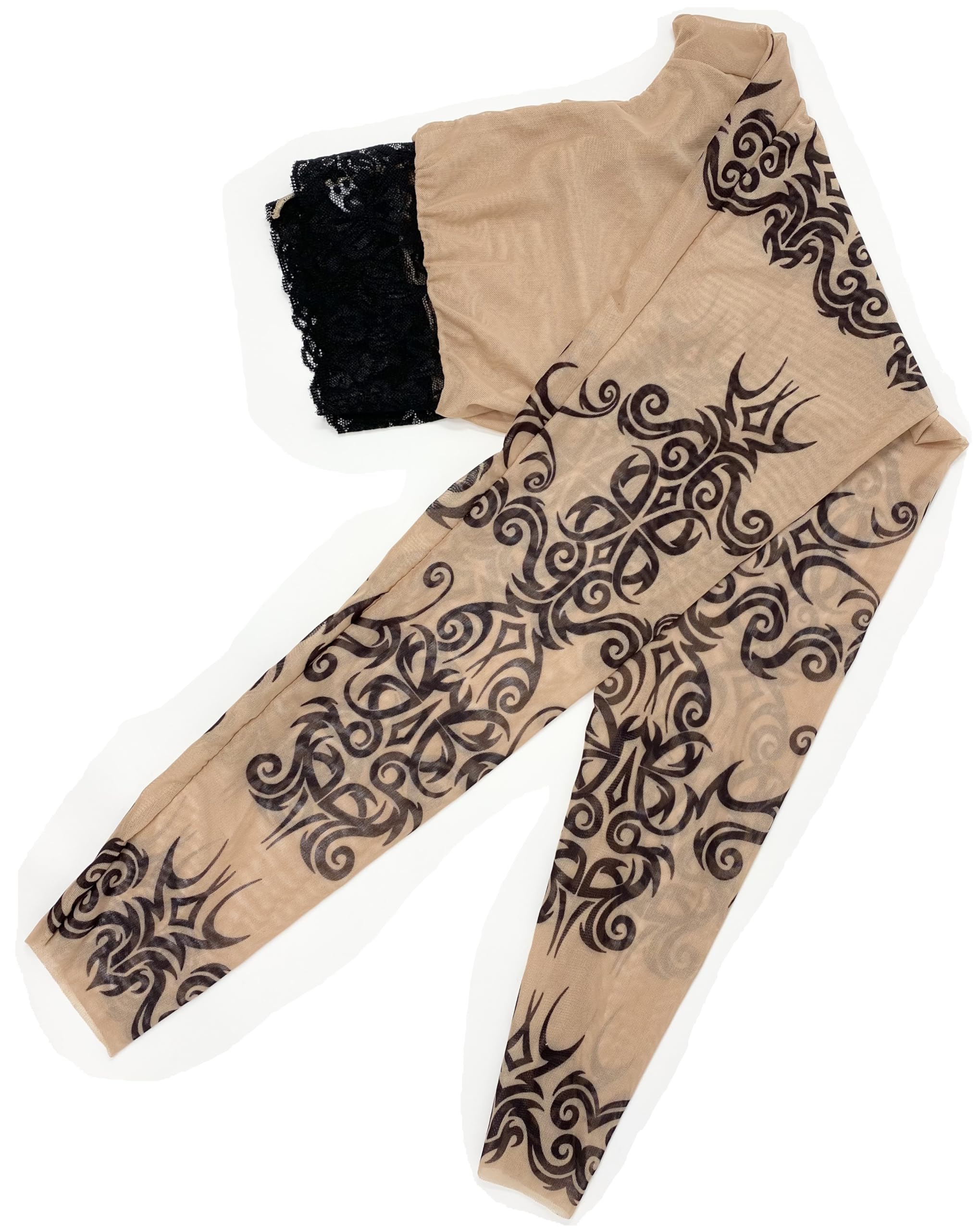 Wild Rose Ladies Mehndi Tattoo Mesh Leggings - Henna Blackwork Tan Floral Design Tights for Women - Perfect for Yoga, Dance, and Boho Fashion Outfits
