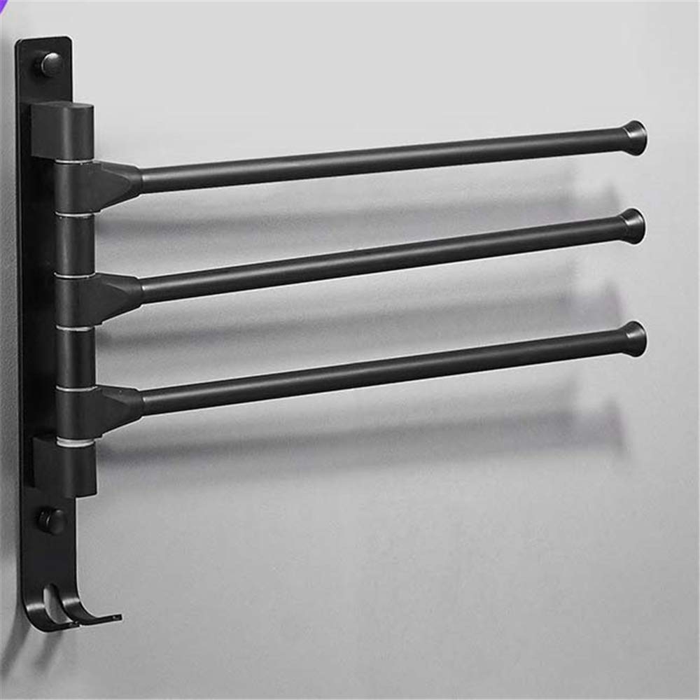 Black Adjustable Rotating Towel Rack - Space Saving Aluminum Bathroom Shelf with Movable Hooks for Towels & Robes | Perfect for Small Bathrooms, Apartments & Dorm Rooms