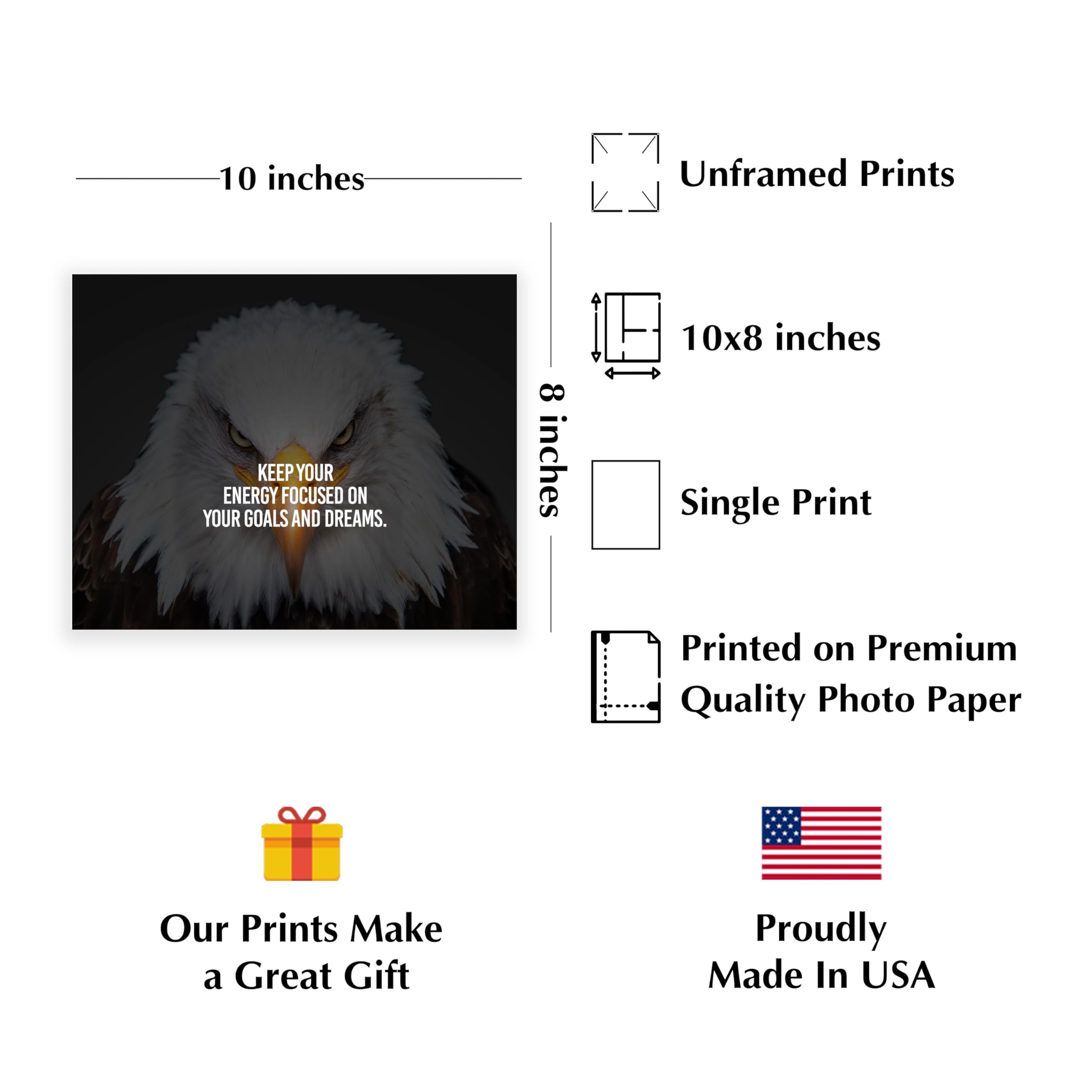 Bald Eagle Motivational Wall Art Print - Inspirational Home, Office, Studio, School & Gym Decor - Unframed 10x8 Inches - Perfect for Motivation & Goal Setting Spaces
