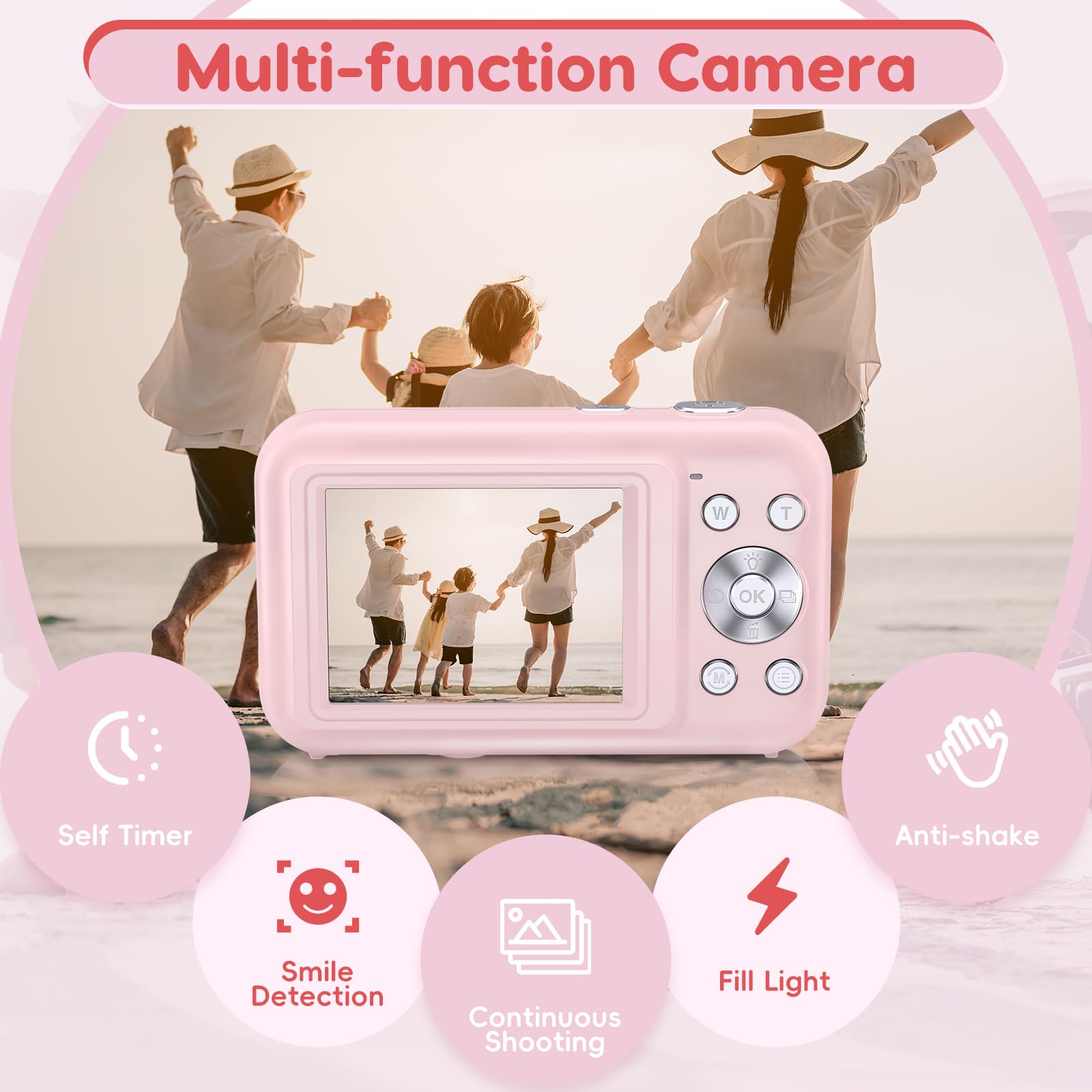 44MP Digital Camera for Kids - 1080P FHD Point and Shoot Camera with 16X Zoom, 32GB Card & 2 Batteries - Compact Portable Photography Camera Gift for Boys Girls Students Teens (Pink) - Perfect for Travel, Birthday Parties & School Projects