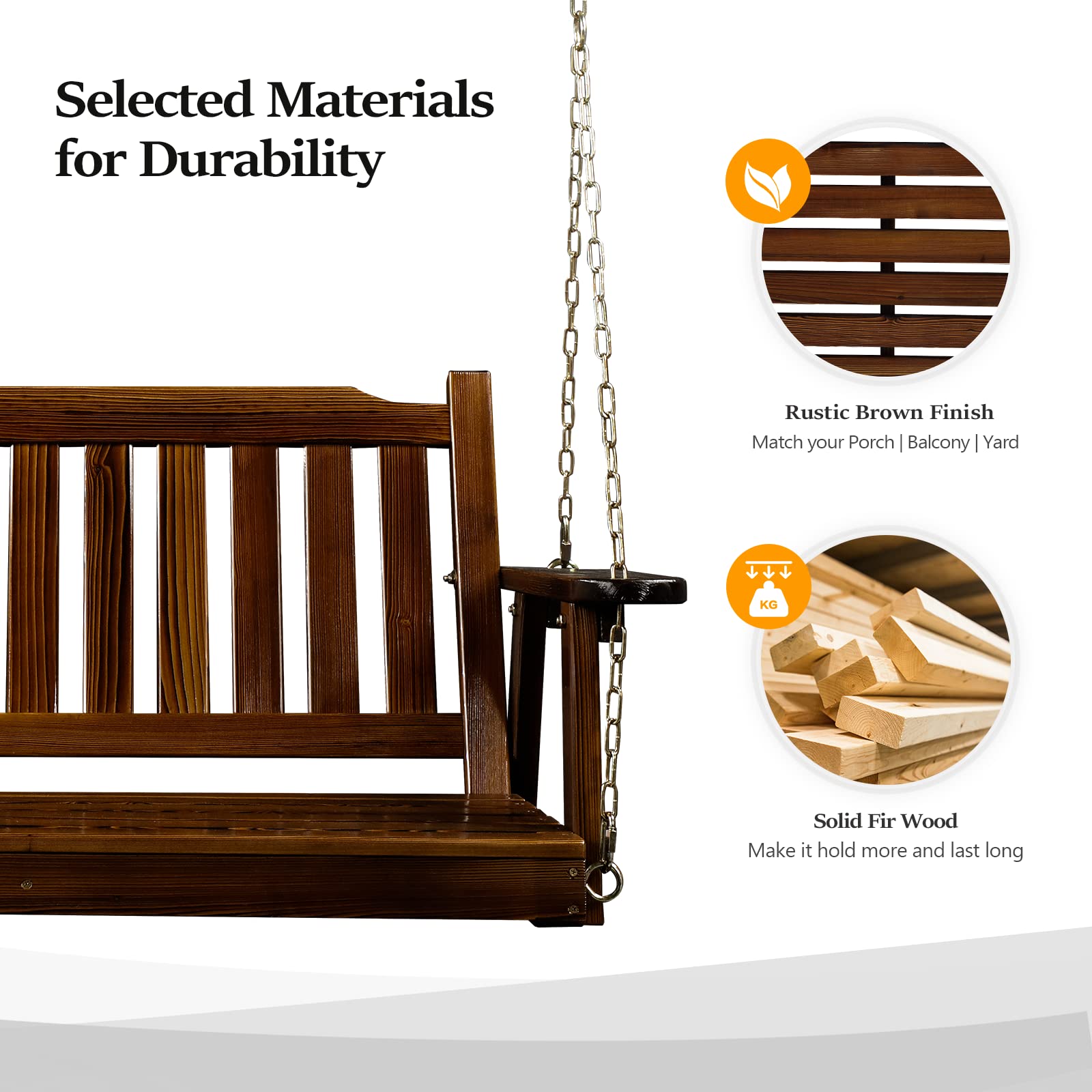 VINGLI Upgraded Heavy Duty 880 LBS Capacity 4 FT Patio Swing - Solid Fir Wood Porch Swing with Rustic Design for Outdoor Garden, Yard, Balcony, or Tree - Perfect for Relaxing, Lounging, and Enjoying Nature