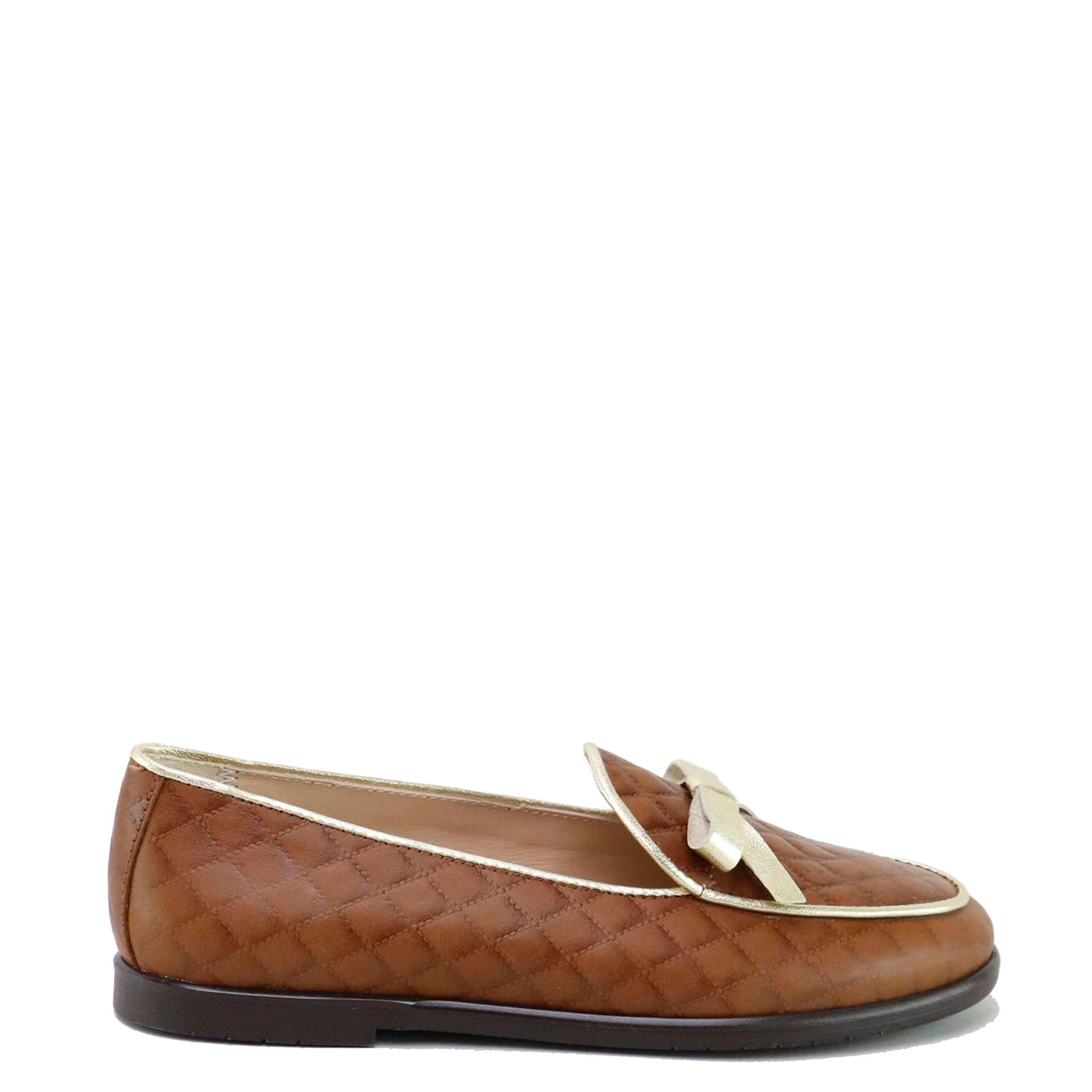 Brown & Gold Diamond Cut Bow Loafers for Women - Elegant Slip-On Shoes for Office, Party & Casual Wear