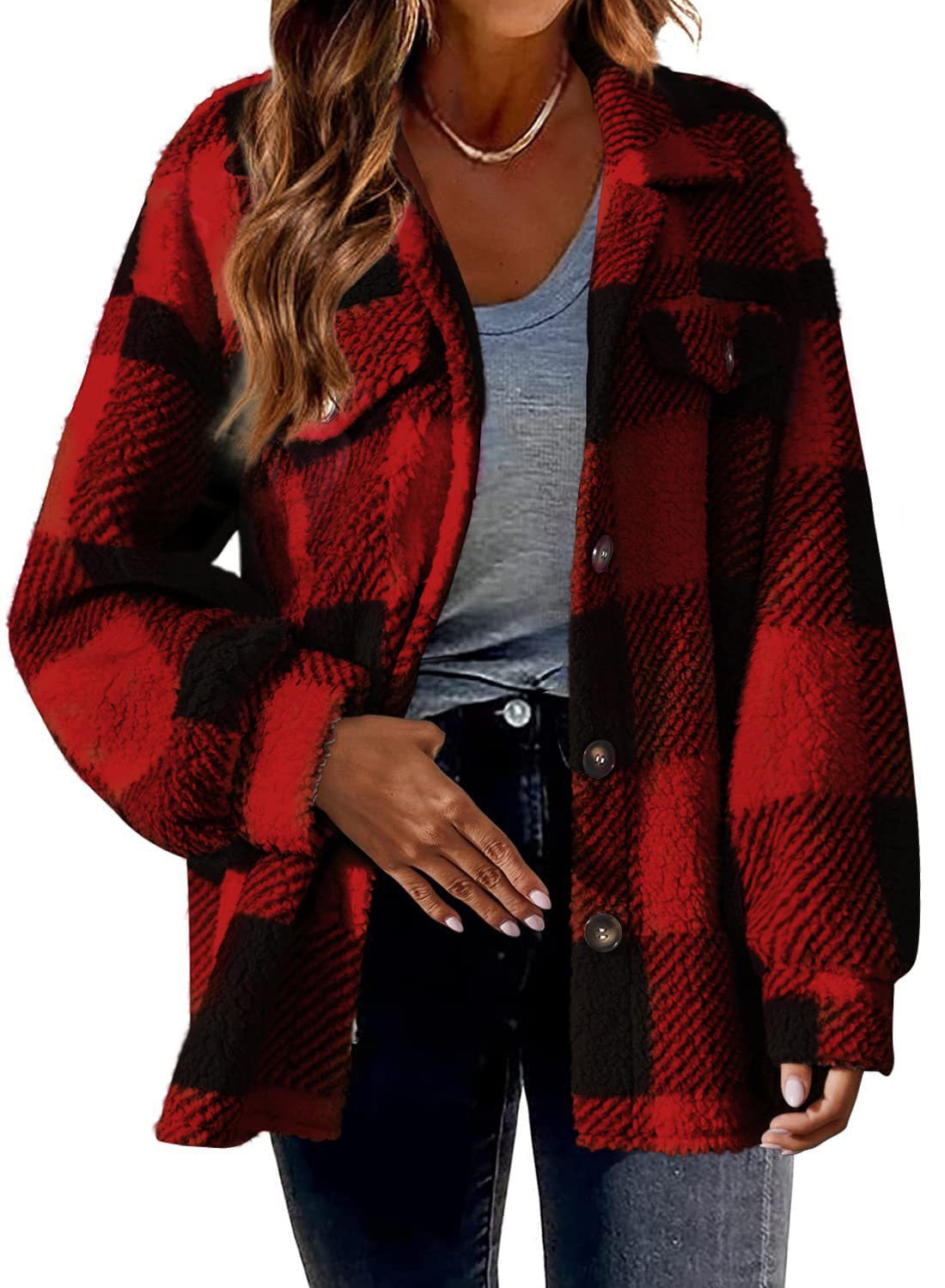 Women's Wool Plaid Jacket with Turn-Down Collar & Pockets - Single Breasted Button Down Coat for Autumn & Winter - Perfect for Office, Casual Outings & Outdoor Activities