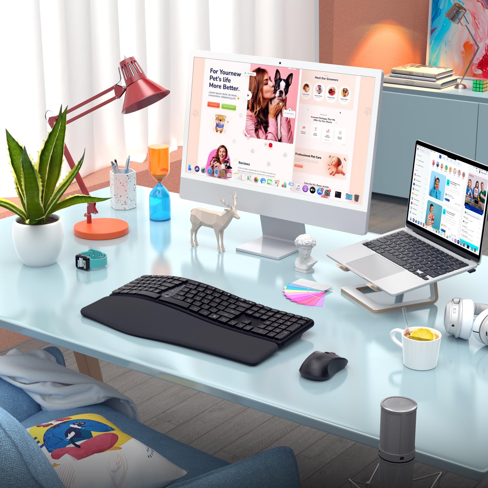 Wireless Ergonomic Split Keyboard with Wrist Rest & Cleaning Brush - 2.4G Comfortable Computer Keyboard for Windows PC & Laptops - Perfect for Office Work, Gaming & Long Typing Sessions