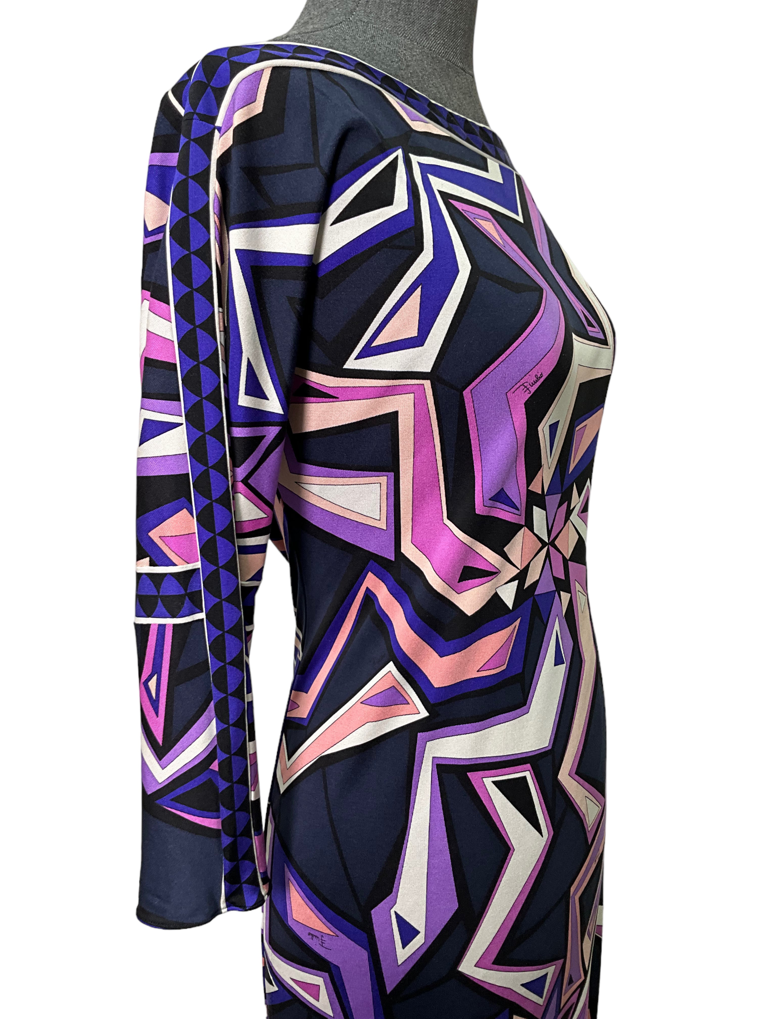 Emilio Pucci Women's 3/4 Sleeve Belted Jersey Dress - Size S, Elegant Floral Print, Stretchy Comfort Fit - Perfect for Cocktail Parties, Date Nights & Special Occasions