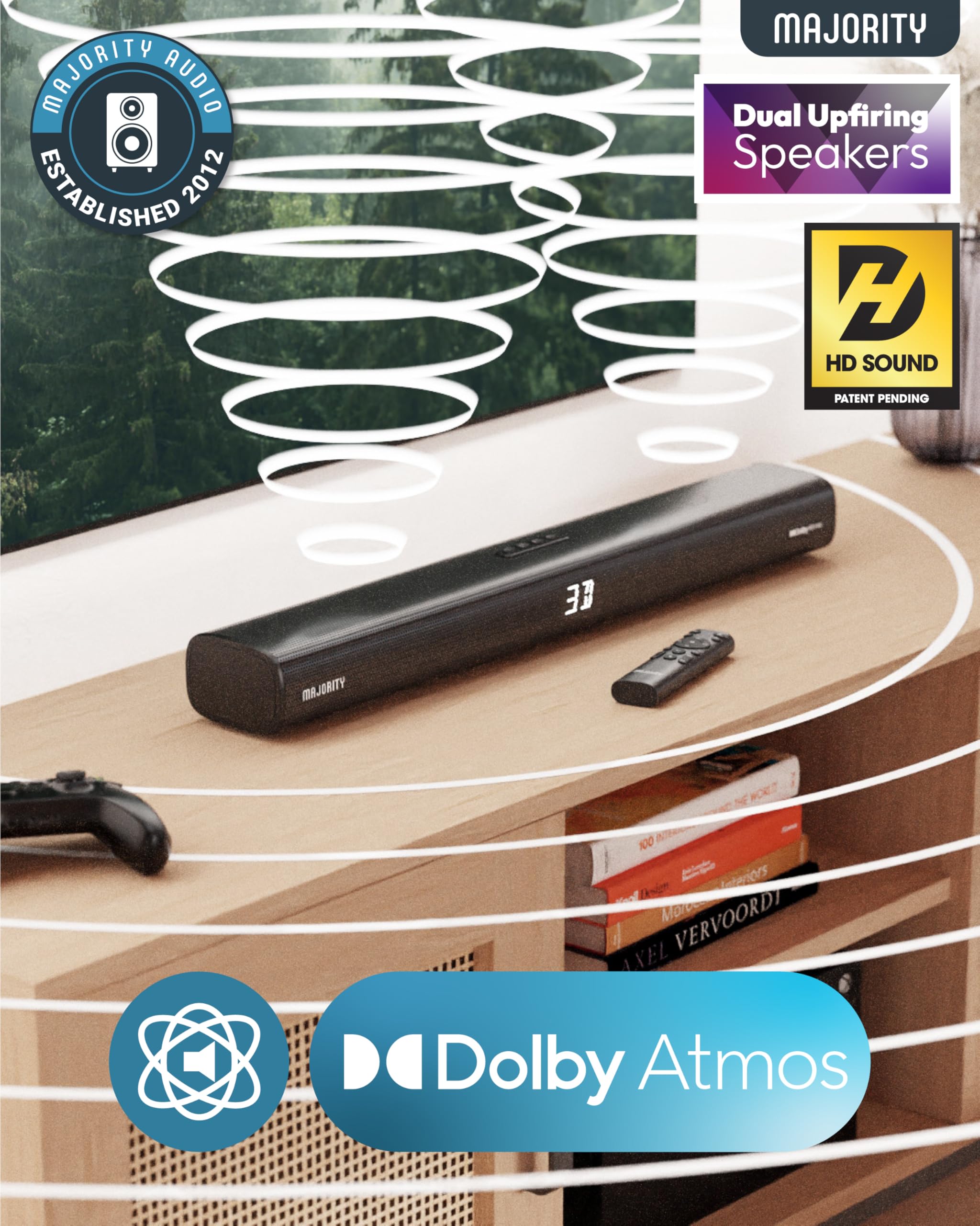 MAJORITY 2.0.2 Dolby Atmos Soundbar with 160W Upfiring Speakers - Bluetooth 3D Sound, Wall Mountable, Digital Display & EQ Controls - HDMI/Optical/Aux Inputs - Includes Mounting Bracket & Remote - Perfect for Home Theater & Gaming Setup