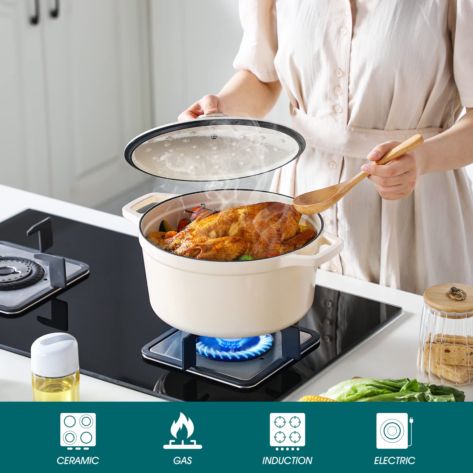 Vancasso 6 QT Enameled Cast Iron Dutch Oven with Lid - Dual Handles, Non-Stick Coating for Baking Bread, Soups & Stews - Perfect for Kitchen, Camping & Outdoor Cooking (White)