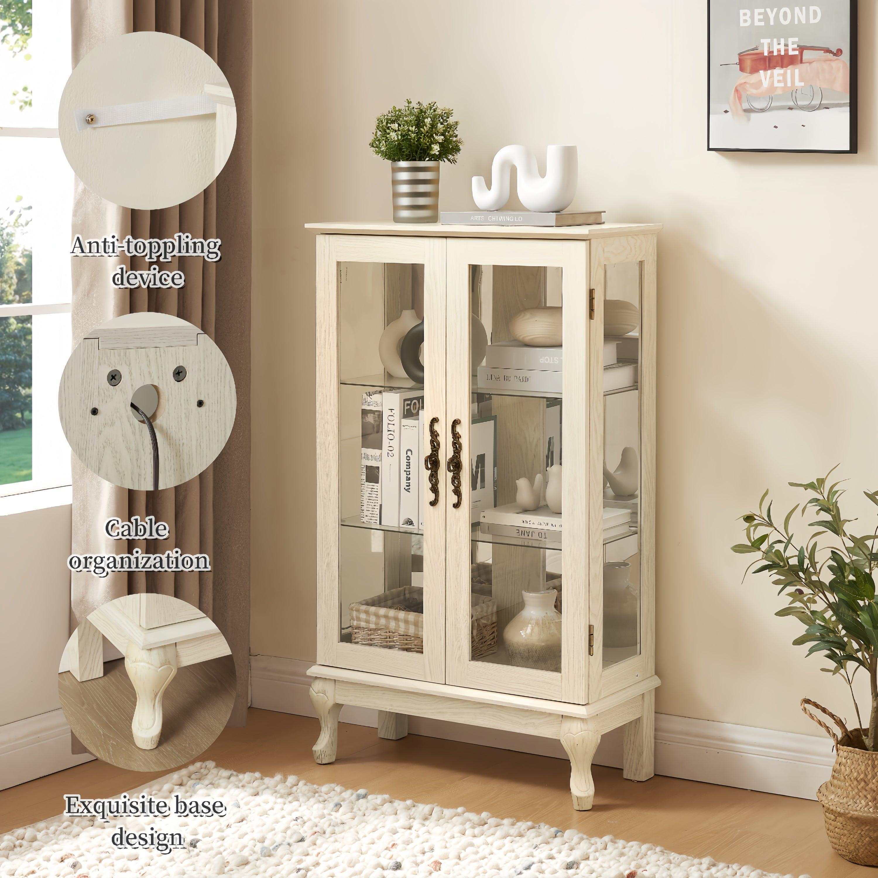 2 Door Curio Cabinet with Tempered Glass & Mirrored Back - LED Lighted Display Case for Living Room, Dining Room, Office - Showcase Collectibles, China, or Decor Items