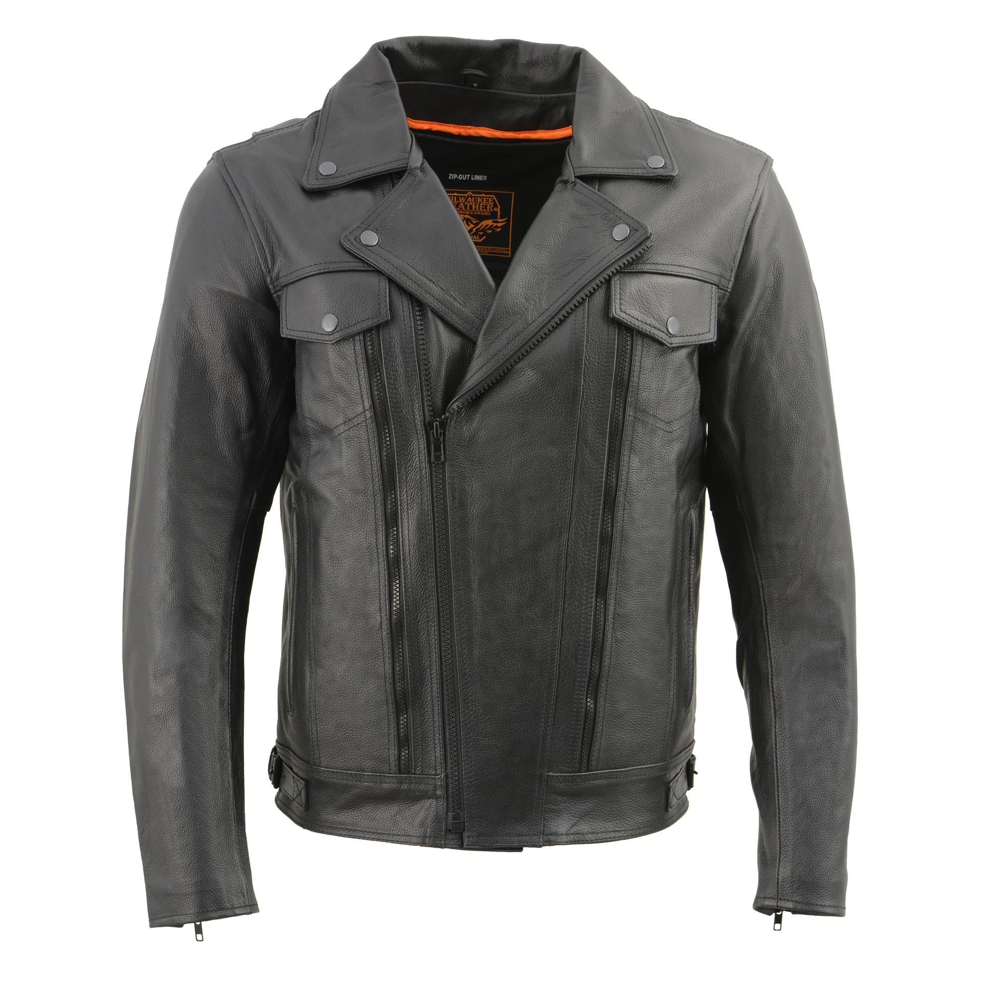 Milwaukee LKM1760 Men's Black Leather Motorcycle Jacket with Utility Pockets - Durable Riding Gear for Bikers & Cruisers