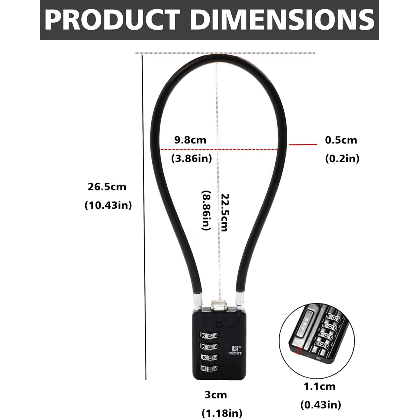 2 Pack RESET-201 4 Digit Combination Padlock with 20 Inch (50cm) Steel Cable - Heavy Duty Security Lock for Trash Cans, Lockers, Gym Lockers, Luggage, Suitcases, Gun Cases, Triggers & Helmets - 5mm Diameter Black Cable Lock for Outdoor, Travel & Home Security
