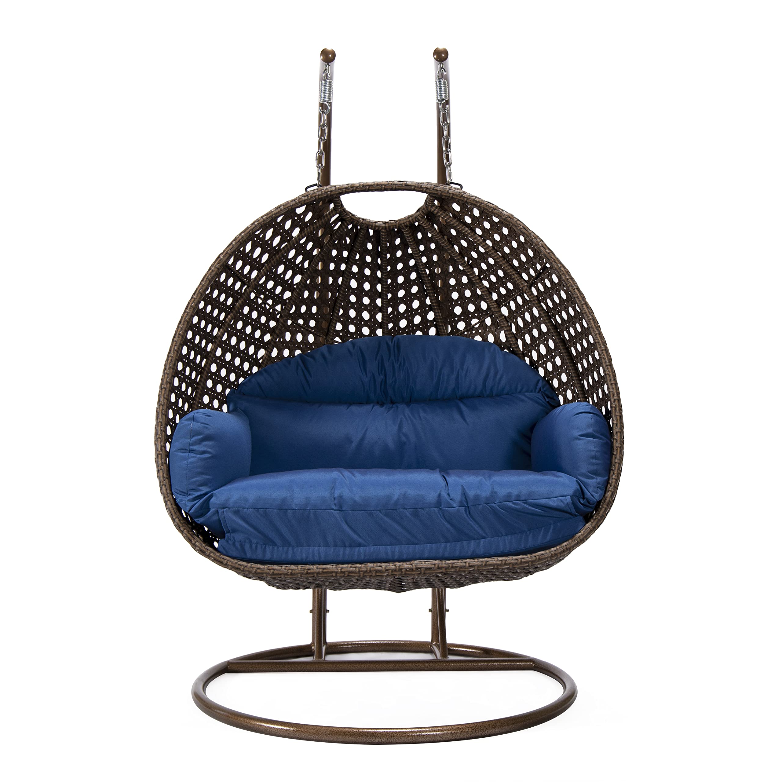 LeisureMod Mendoza Dark Brown Wicker 2-Person Patio Hanging Egg Chair with Stand & Cushions - Indoor/Outdoor Swing for Garden, Porch, Backyard (Blue) - Perfect for Relaxing, Lounging & Enjoying Summer Breezes