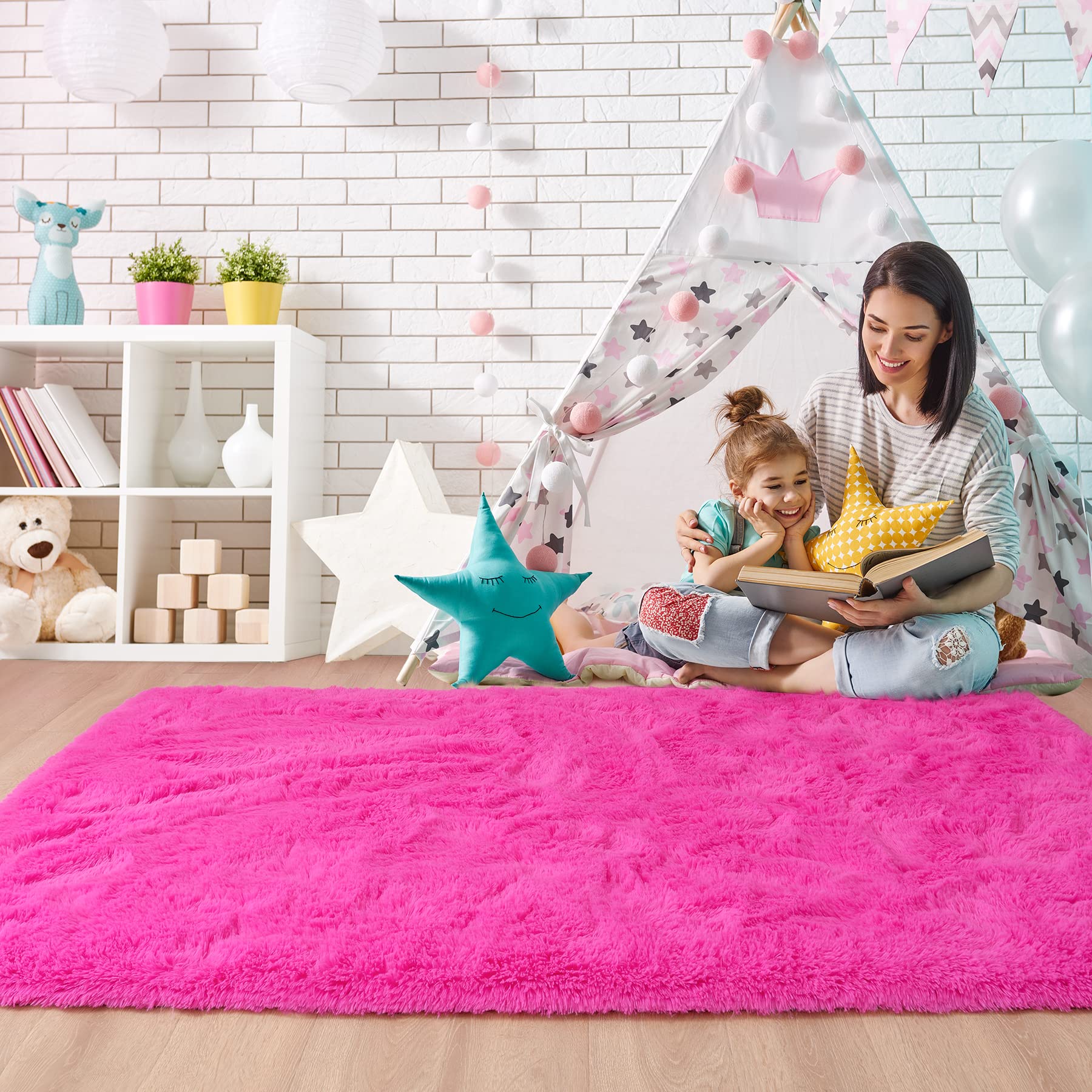 Noah's Fluffy Plush Fuzzy Rug for Kids Room, Living Room, Nursery - Soft Shaggy Furry Carpet for Modern Indoor Decor - Cute Boys & Girls Bedroom Rug (3x5 Feet, Hot Pink) - Perfect for Playrooms, Dorm Rooms & Cozy Spaces