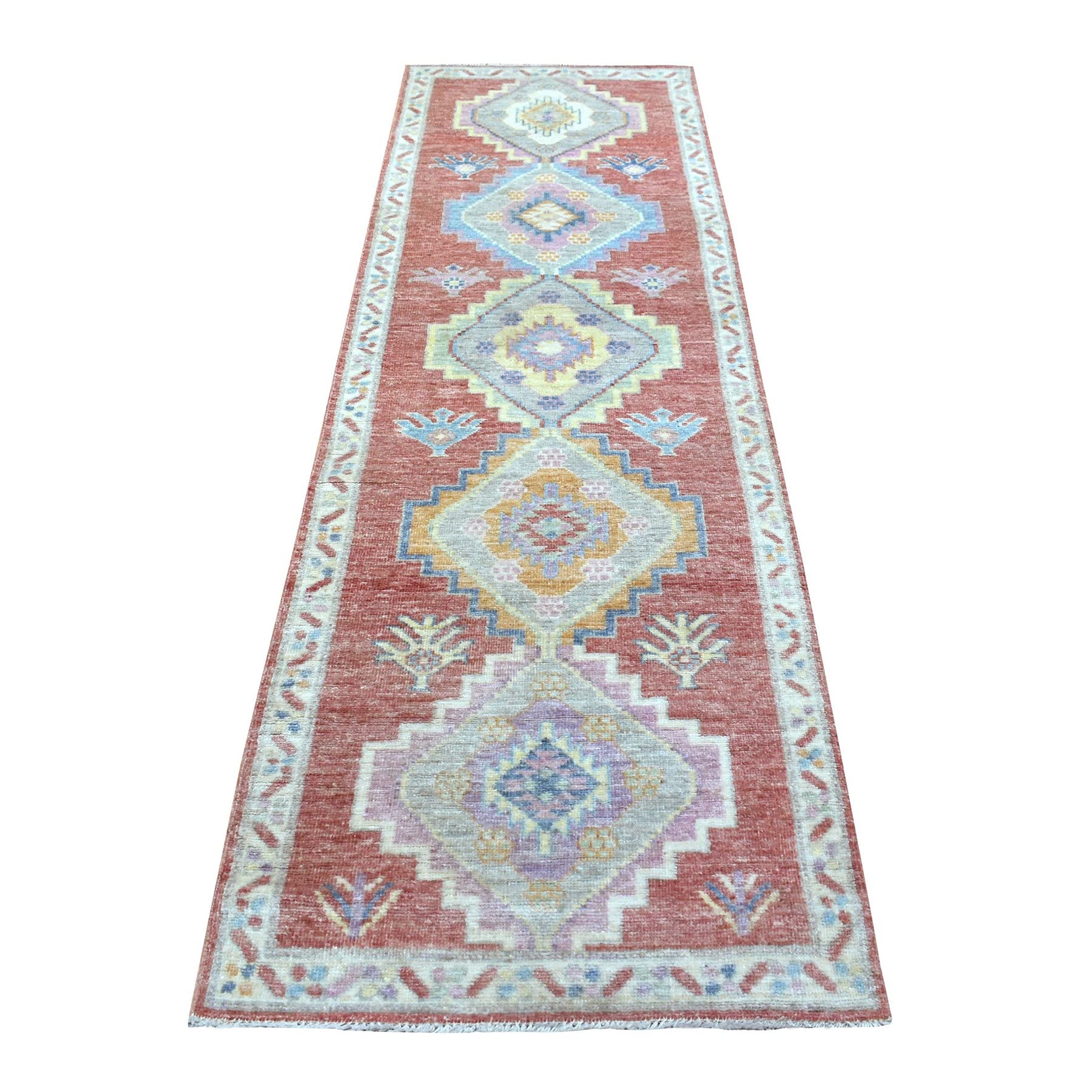 Handmade Coral Red Afghan Angora Oushak Wool Oriental Runner Rug - 2'10