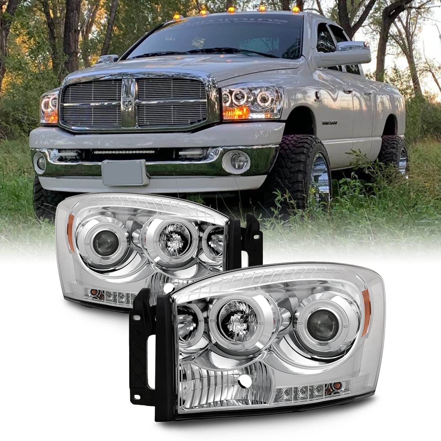 AKKON Chrome Clear Dual Halo Ring LED Projector Headlights for Dodge Ram Pickup Truck - Left & Right Replacement Pair - Upgrade Night Driving Visibility & Style