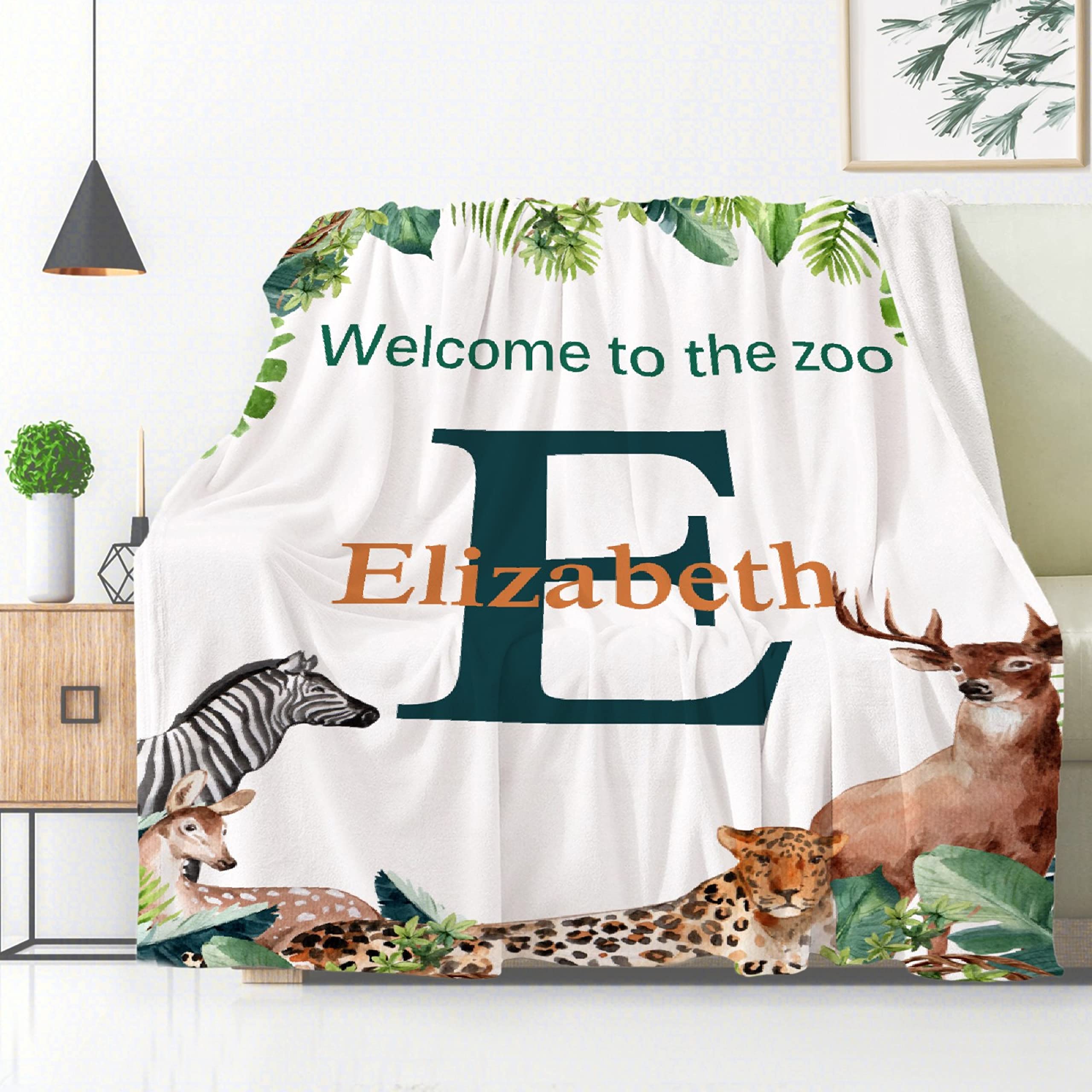 **Custom Personalized Forest Animal Throw Blanket - Baby Name Zoo Blanket for Girls & Boys | Unique Soft Flannel Blanket for Couch, Bed & Sofa | Perfect Gift for Baby Showers, Birthdays & Cozy Family Nights**