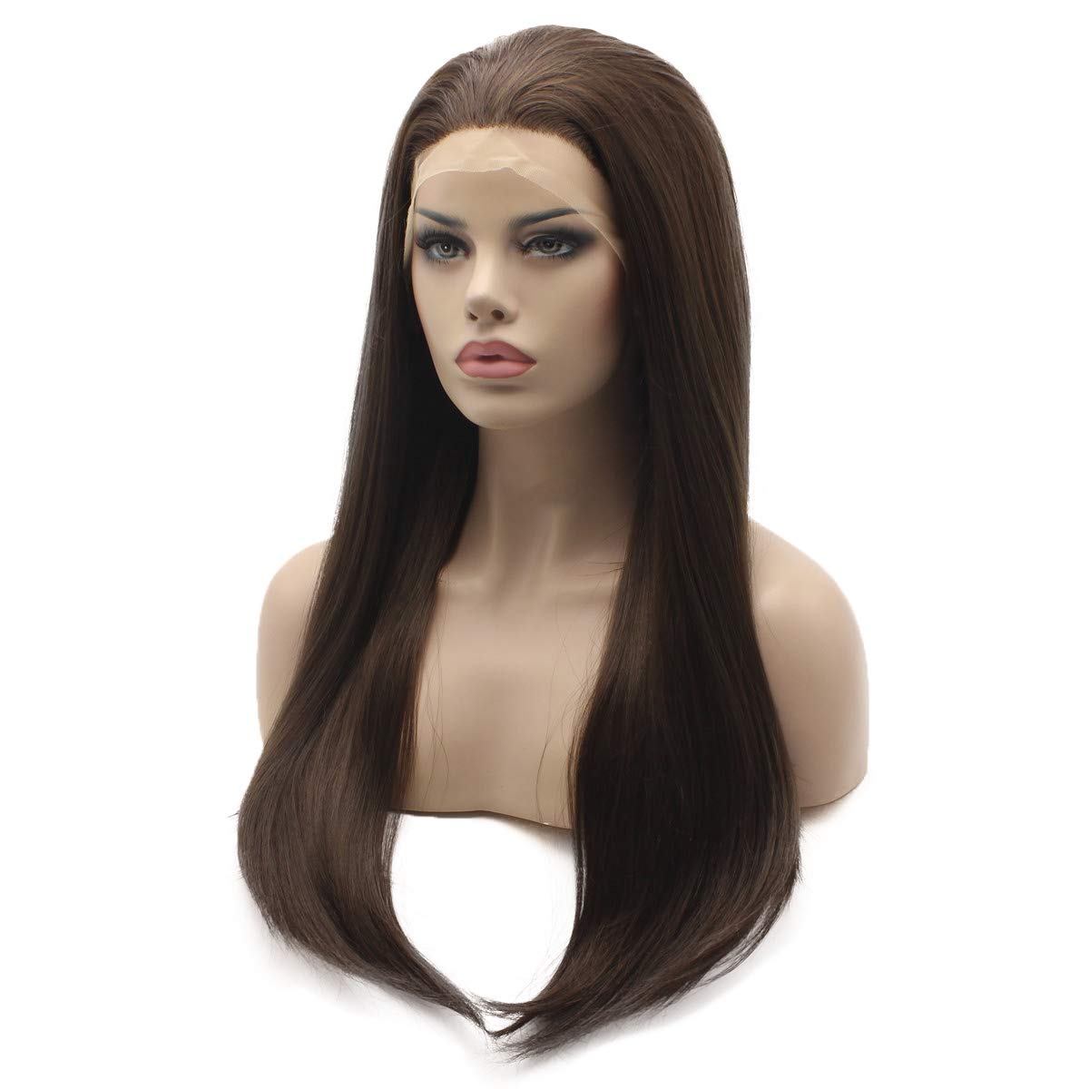 24 Inch Heat Resistant Synthetic Lace Front Wig - Straight Long Brown Mix Heavy Density Hair for Everyday Wear & Cosplay