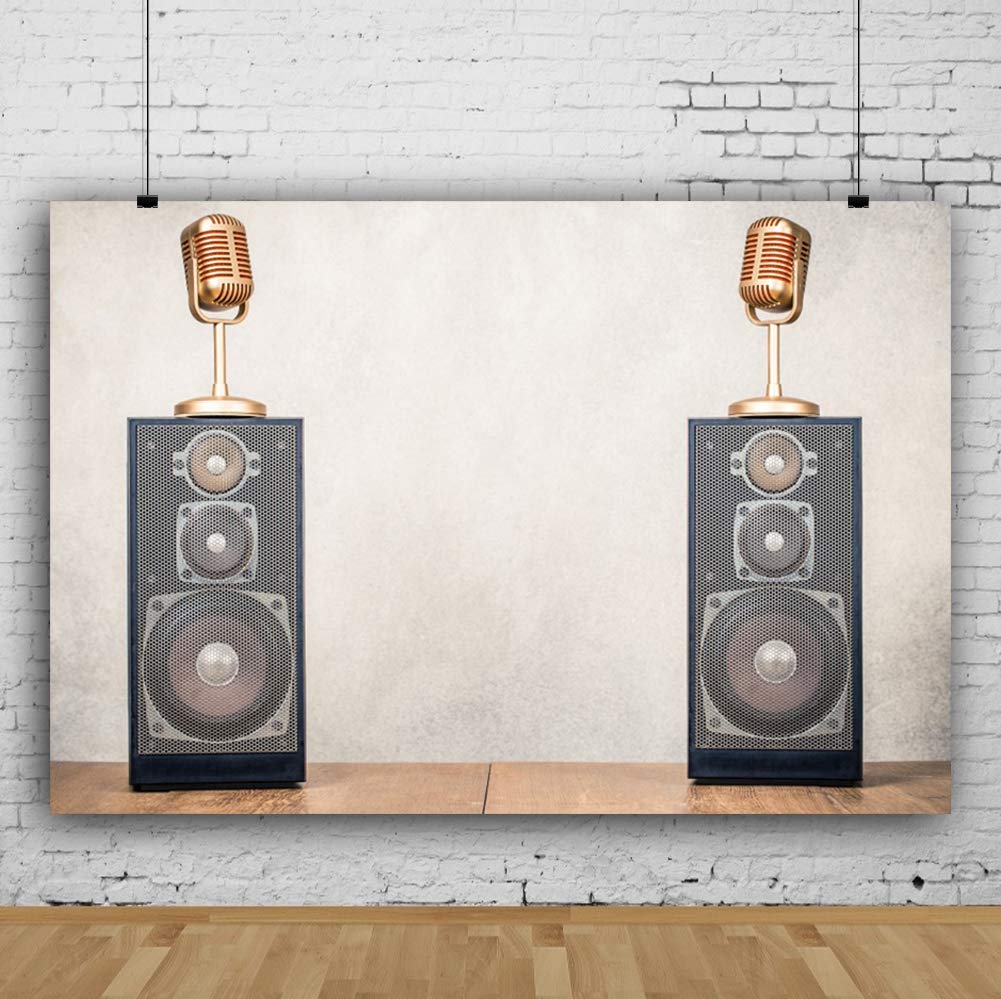 6x4ft Retro Music Backdrop with Stereo Speakers & Golden Microphones - Photography Background for Friends Gatherings, Parties & Performances - Vinyl Photo Backdrop for Concerts, Karaoke Nights & Music Events