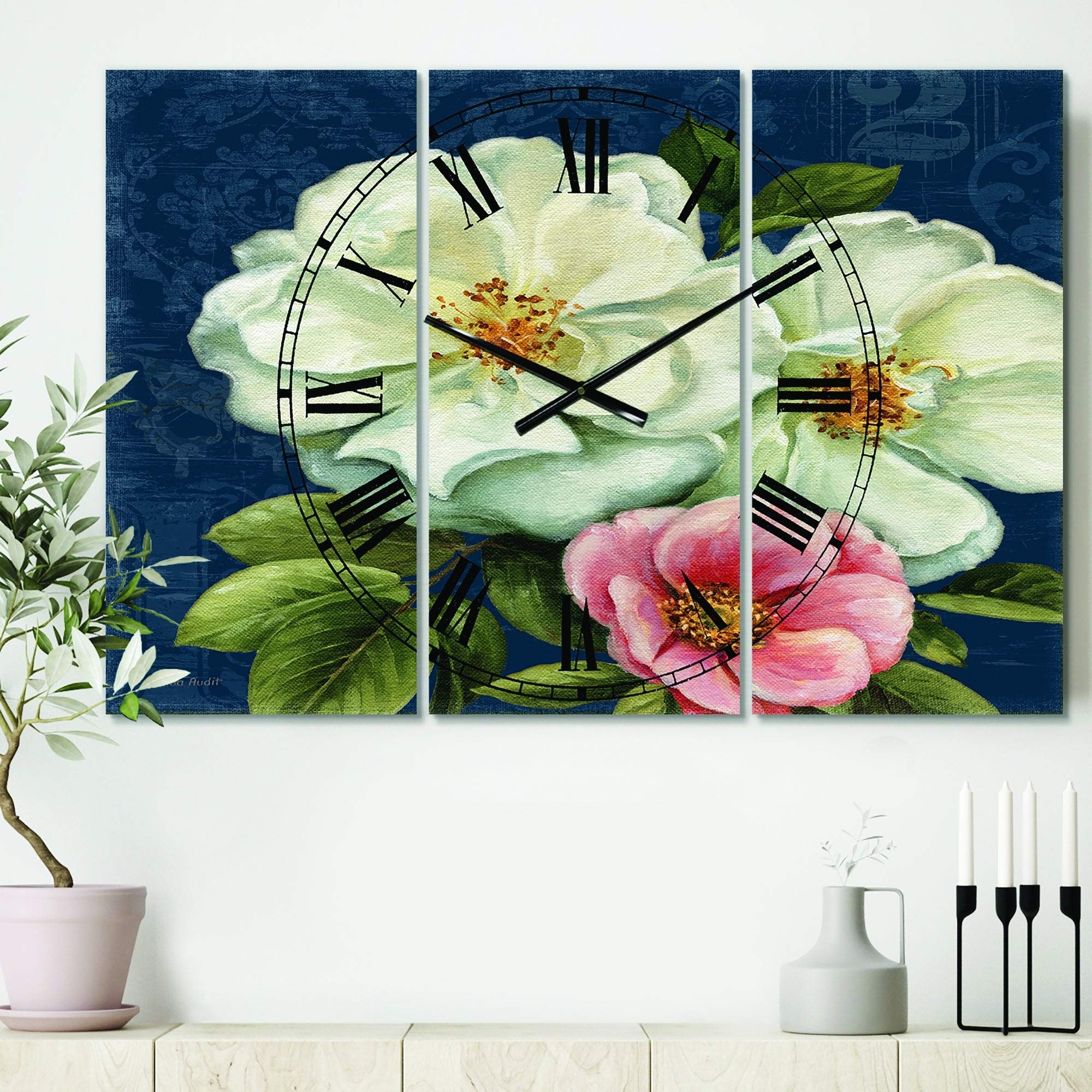 Designart 'Blue Damask Flowers' Cottage Style 3-Panel Oversized Wall Clock - 36
