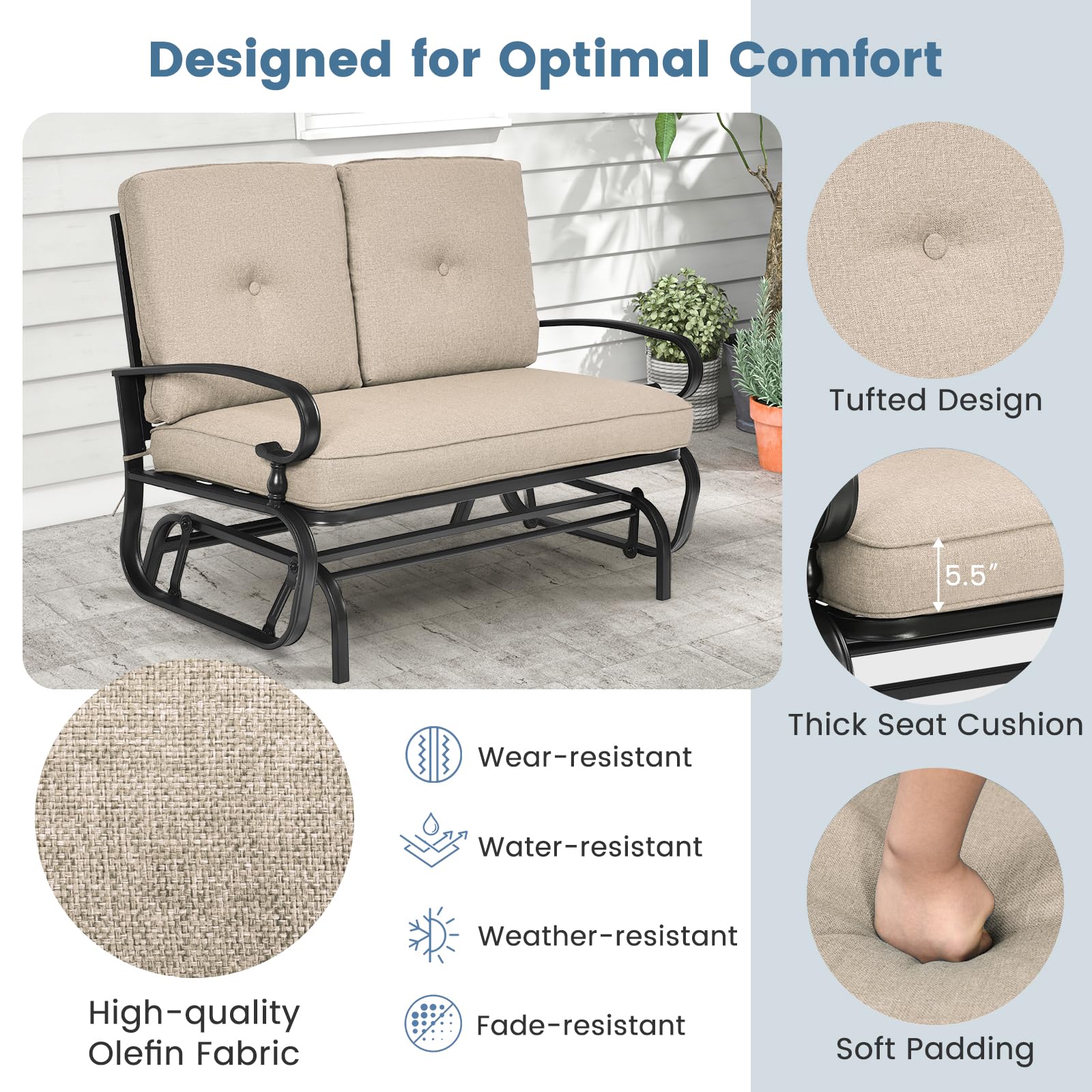 **Tangkula Outdoor Swing Glider Chair for 2 Persons - Patio Loveseat Bench with Steel Frame & Comfortable Cushions - Perfect for Garden, Porch, Balcony & Poolside Relaxation (Beige)**
