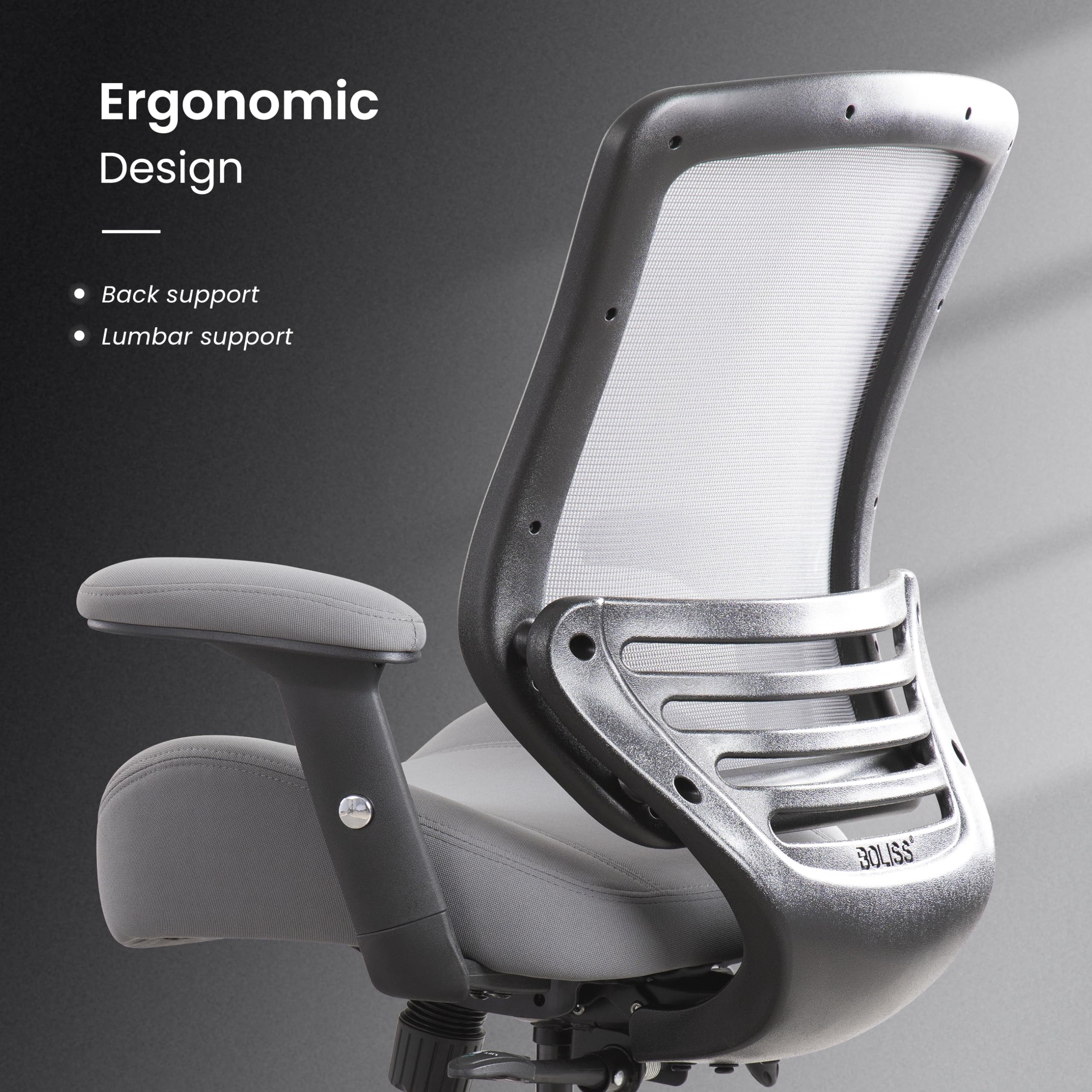 BOLISS 400lbs Capacity Ergonomic Mesh Office Chair with Adjustable Arms - Super Soft Wide Cushion, Breathable Backrest - Perfect for Home Office, Gaming & Computer Work (Grey)