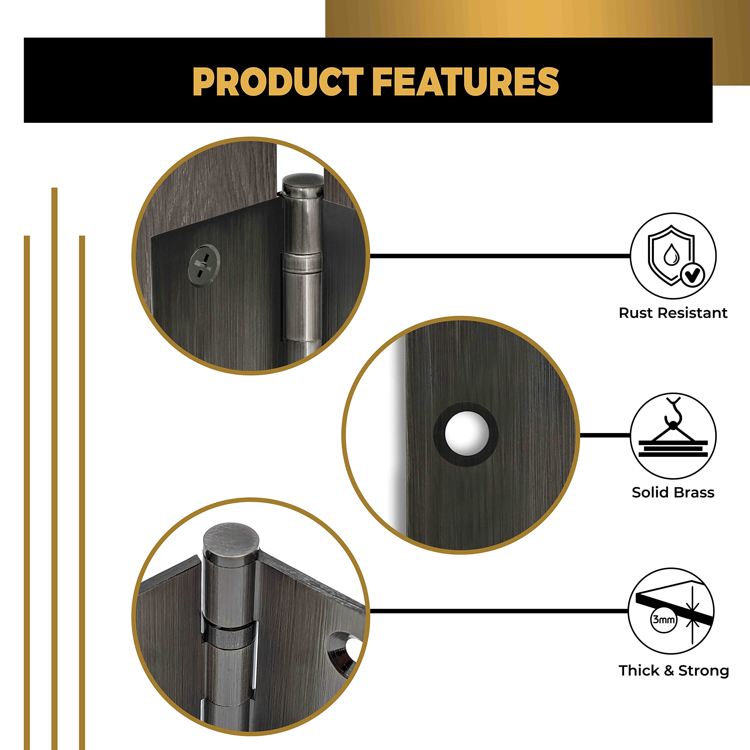 Solid Brass Door Hinge 4x4 Inch - Heavy Duty Ball Bearing Hinges, Polished Pewter Finish, Set of 6 - Perfect for Interior/Exterior Doors, Cabinets, and Furniture Hardware