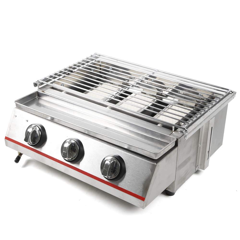 3 Burner Commercial LPG Gas Grill - Stainless Steel Tabletop Smokeless Outdoor BBQ Cooker for Patio, Camping & Backyard Parties