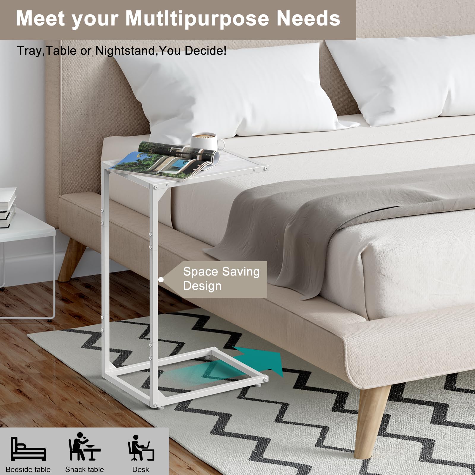 Melos White C-Shaped End Table - Snack Side Table for Couch, Sliding Under Sofa - Perfect for Living Room & Bedroom - Ideal for TV Snacks, Reading & Small Space Decor
