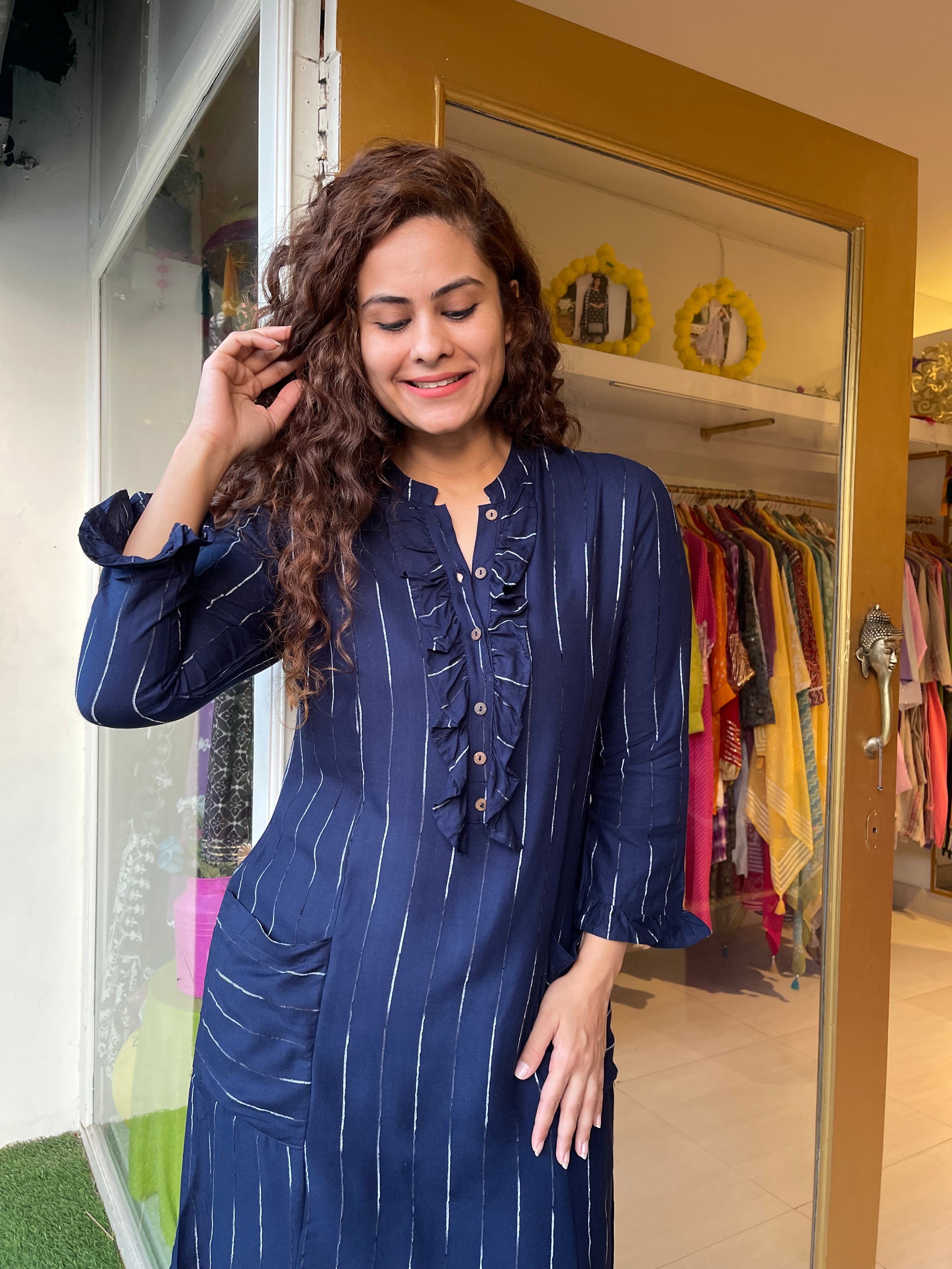 Navy Blue Striped Cotton Co-Ordinate Set for Women - Casual Summer Outfit for Beach, Vacation & Daily Wear
