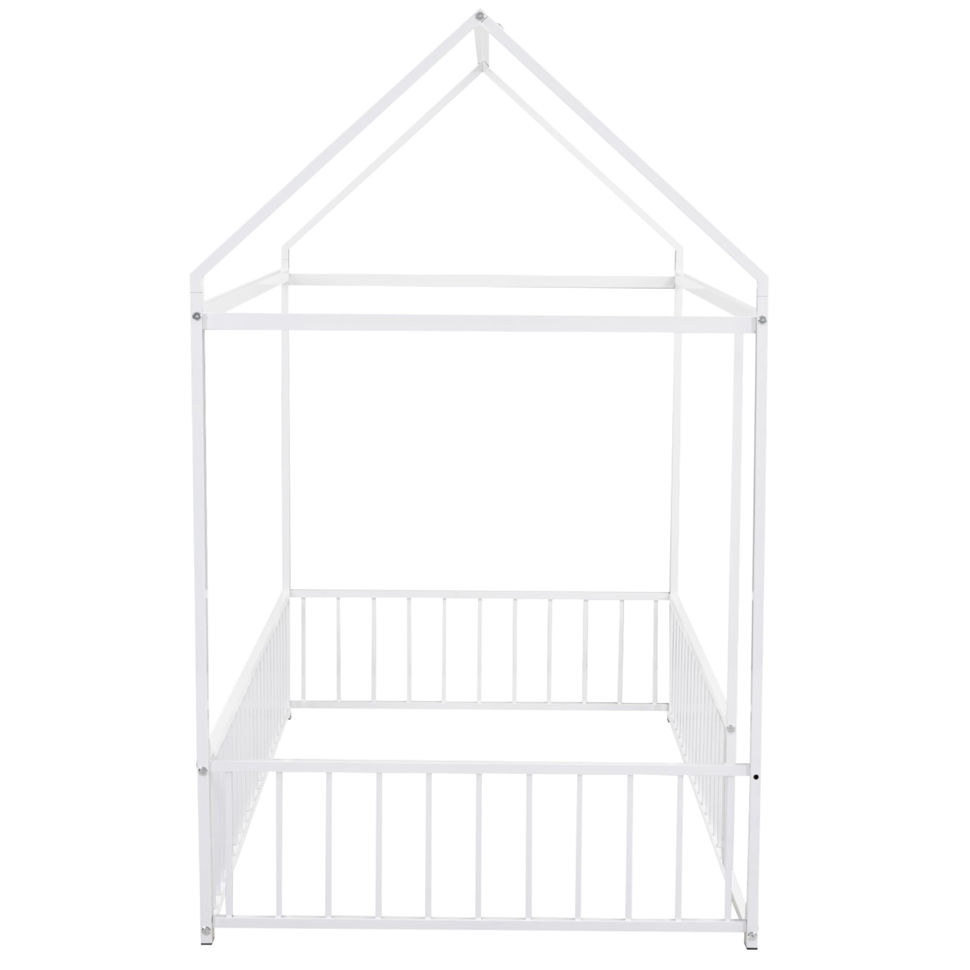 Montessori Twin Size Floor Bed for Kids - White Metal House Bed Frame with Safety Fence | Playhouse Design for Toddlers & Children | Perfect for Bedrooms, Playrooms & Montessori Learning Spaces