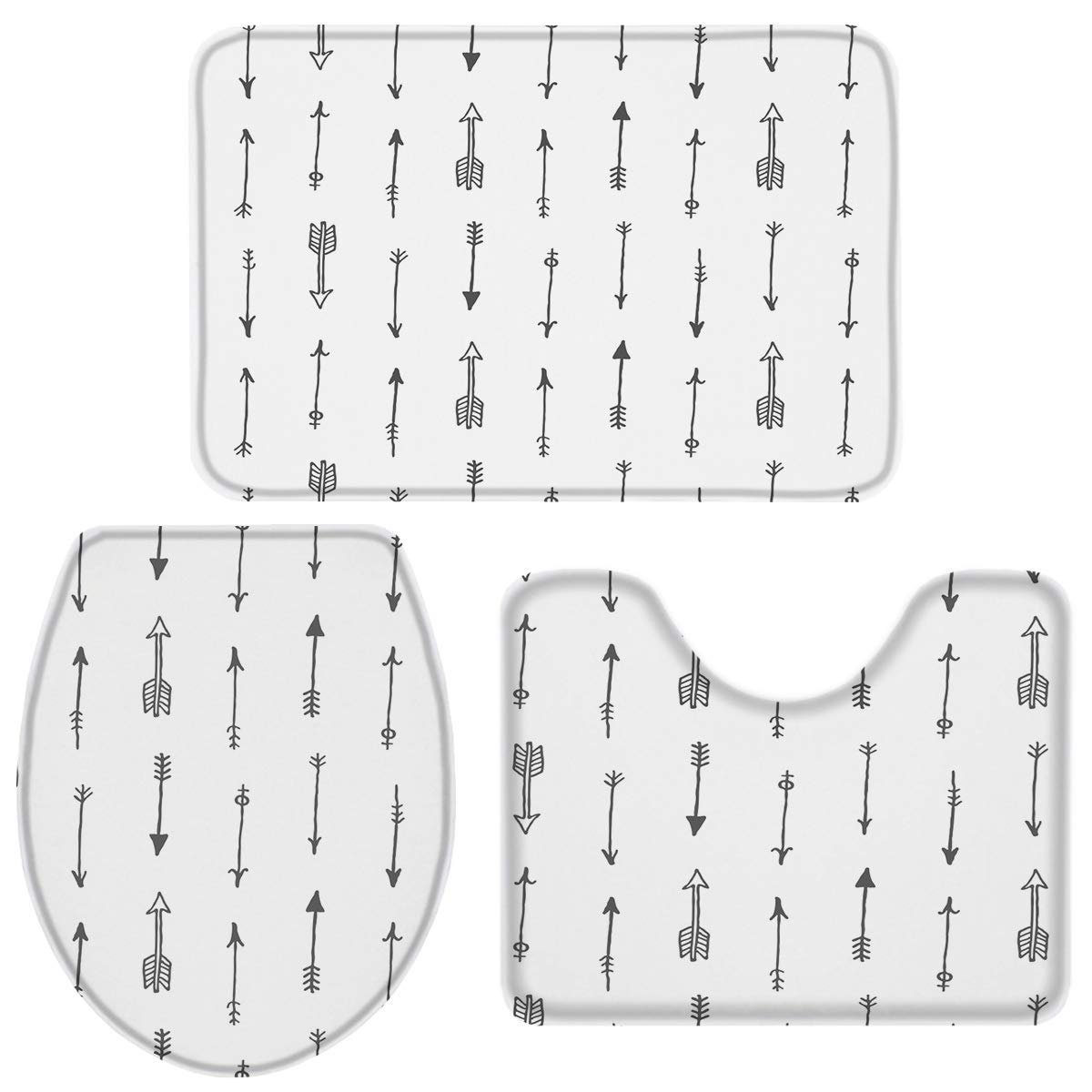 Queenker 3-Piece Bathroom Rug Set - Non-Slip Toilet Seat Cover, Contour Mat & Pedestal Mat with Black Arrow Print - Soft Absorbent Microfiber for Bathroom Safety and Style (Small Size) - Perfect for Modern Homes, Apartments and Guest Bathrooms