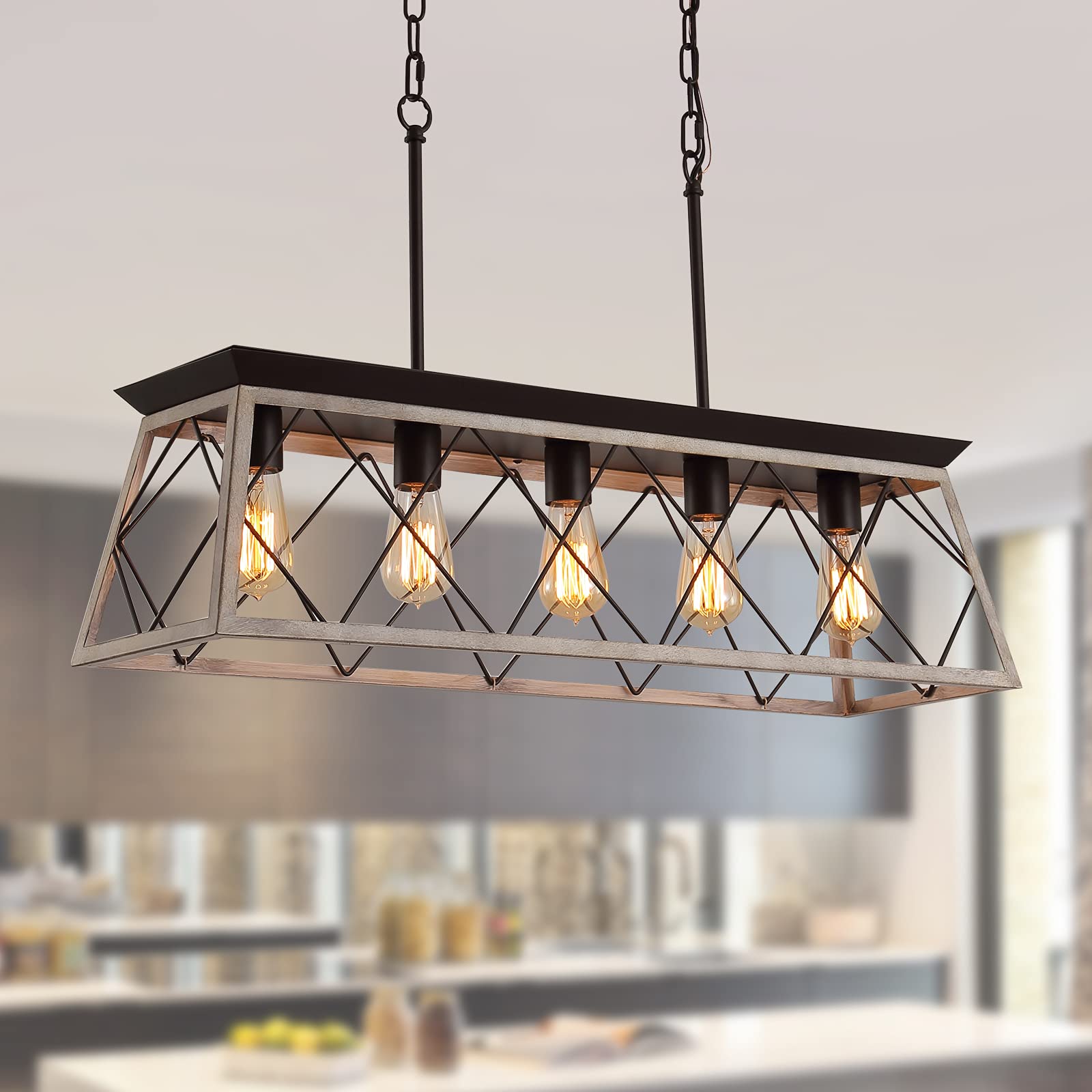 Q&S Farmhouse Rustic Vintage 5-Light Linear Chandelier - Oak & ORB Finish, UL Listed - Perfect for Kitchen Islands, Dining Rooms, Bars, Offices & Coffee Shops