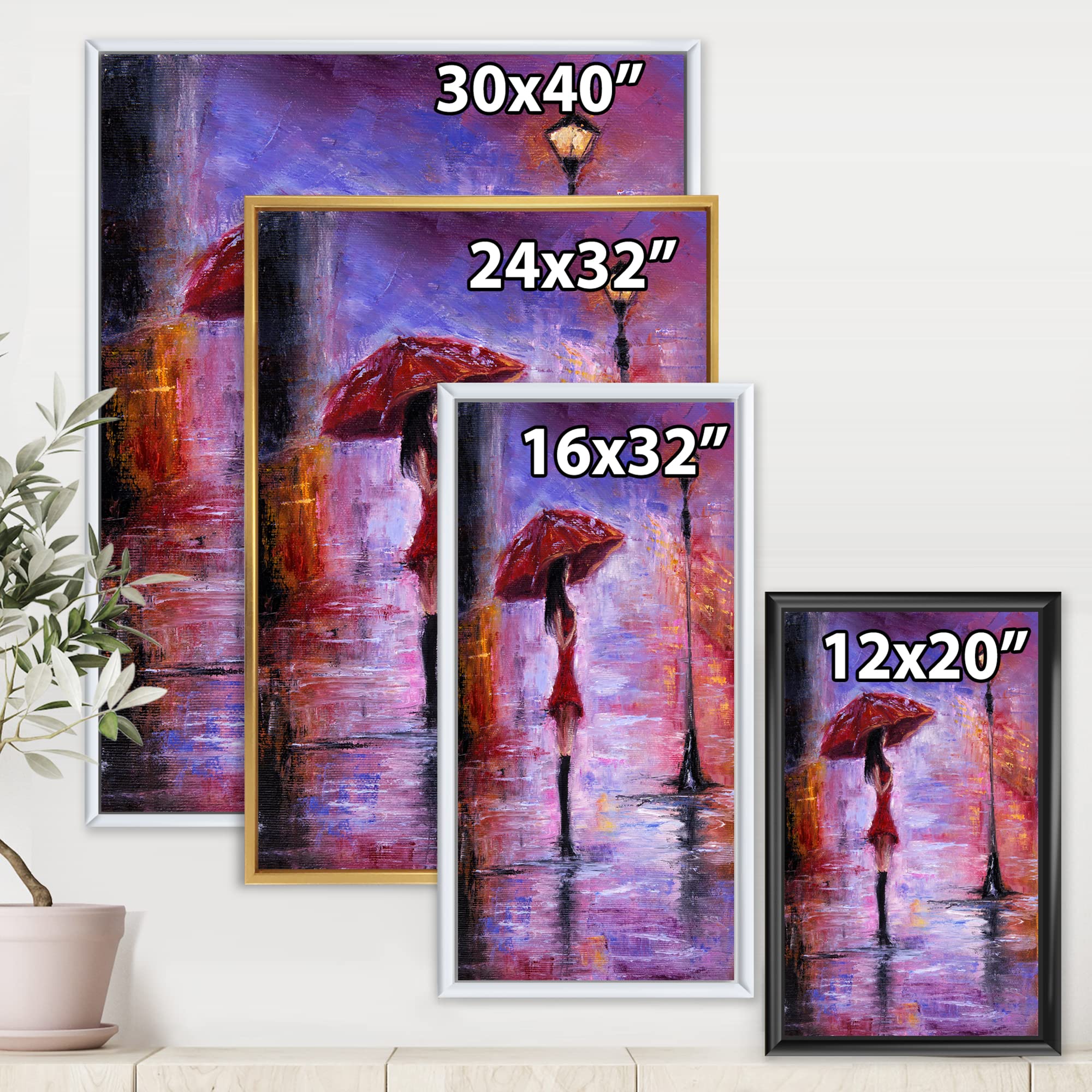 French Country Framed Canvas Wall Art Print - Woman with Umbrella Walking in Rain - Perfect for Living Room, Bedroom & Office Decor