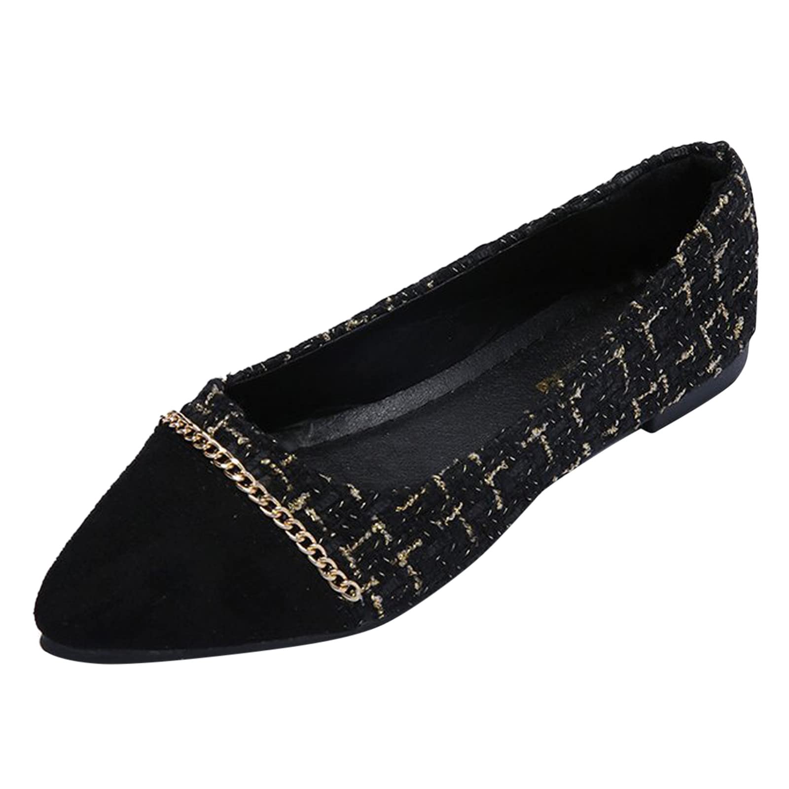 Women's Ballet Flats with Splicing Design & Chain Decor - Slip On Comfortable Flat Shoes with Rubber Sole (Black, Size 7.5) | Perfect for Office, Dating & Casual Wear