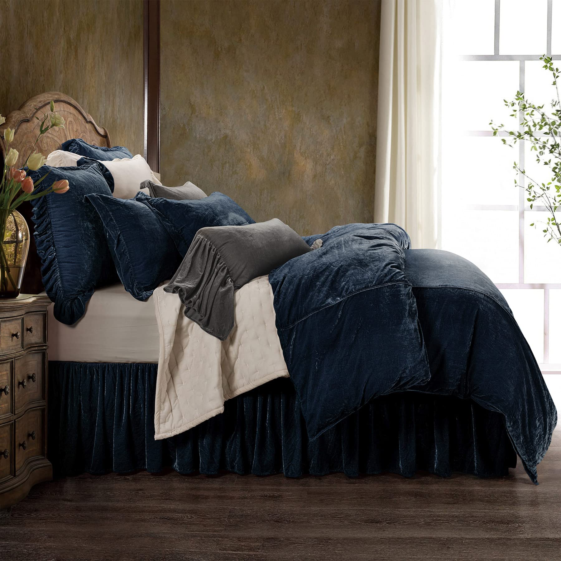 Stella Faux Silk Velvet Bed Skirt - Midnight Blue Queen Size Bedding | Elegant Western Traditional Style for Romantic & Modern Bedrooms | Perfect for Master Bedroom Decor & Luxury Hotel Style Makeover