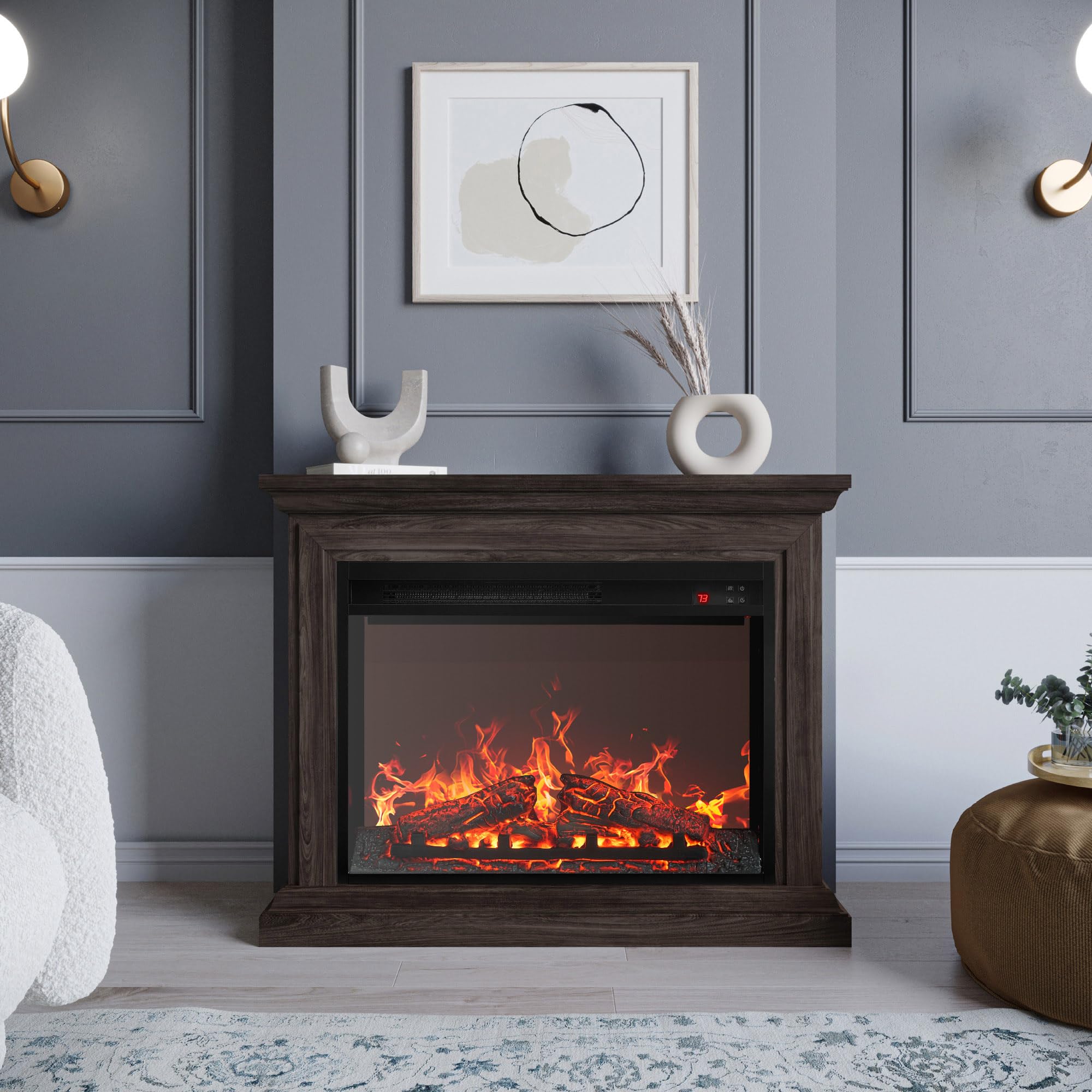 BELLEZE 23 Inch Electric Fireplace Heater with 31 Inch Mantel - Remote Control, Realistic LED Flame Effect, Adjustable Thermostat, 750W/1500W - Perfect for Living Room, Bedroom, Office & Home Decor (Gray)