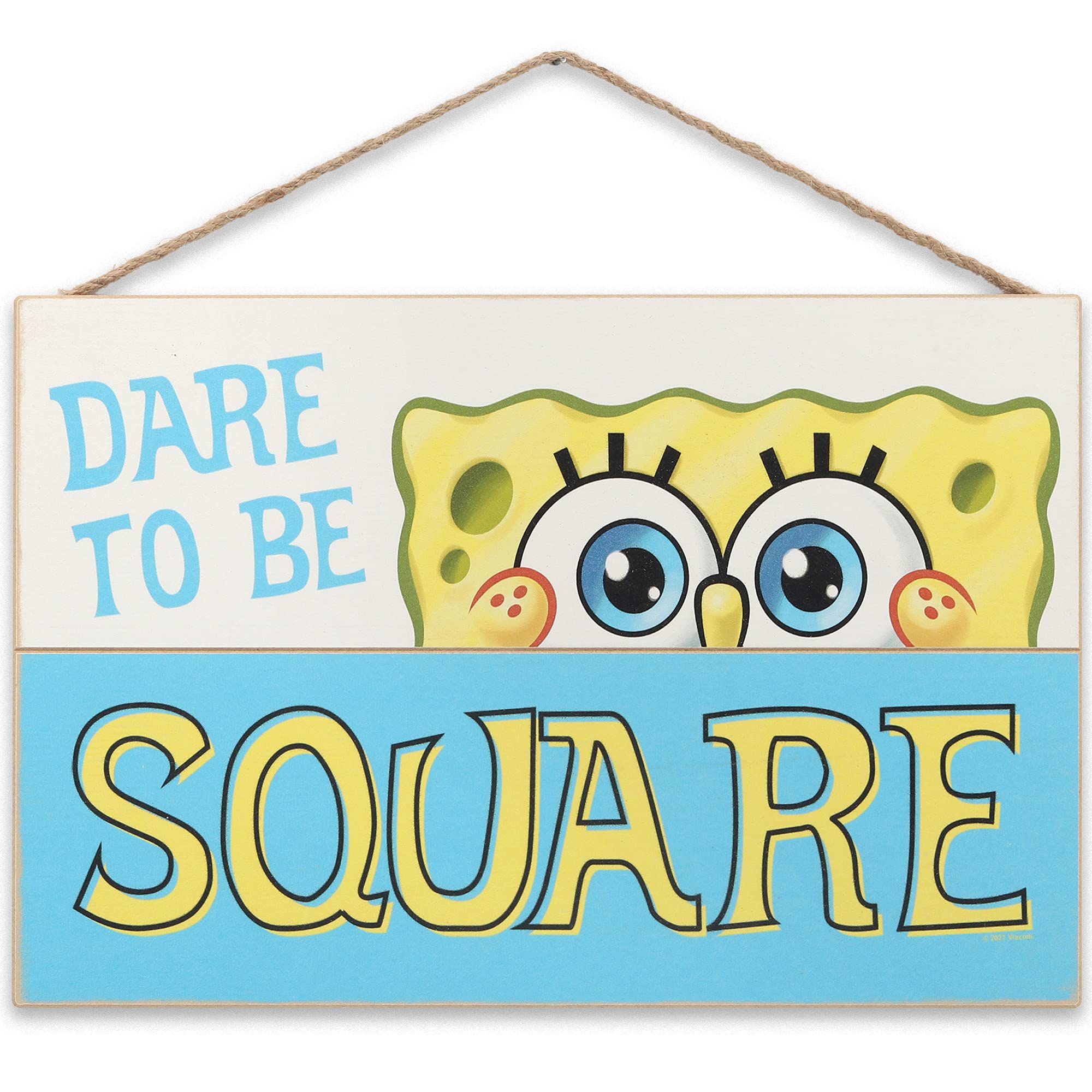 Nickelodeon SpongeBob SquarePants Wooden Wall Sign - 'Dare to Be Square' Hanging Decor for Kids Bedroom, Playroom & Home Theater | Fun Cartoon Themed Room Decor for Children's Spaces and SpongeBob Fan Collections