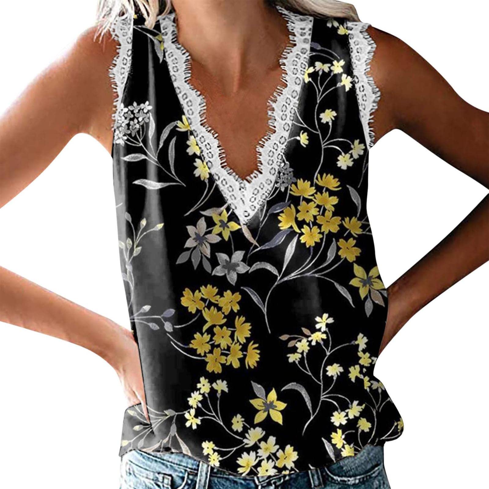 FAVIPT Women's Lace Tank Top - Floral V-Neck Sleeveless Cami with Lace Trim | Trendy Summer Beachwear & Spring Fashion | Perfect for Vacations, Date Nights & Casual Outings