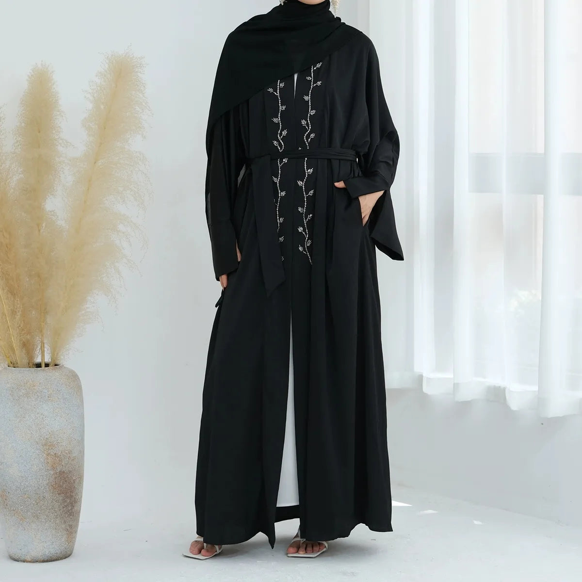 Elegant Beaded Wrinkle Satin Cardigan Open Abaya Dress for Women - Perfect for Weddings, Parties & Special Occasions #25828