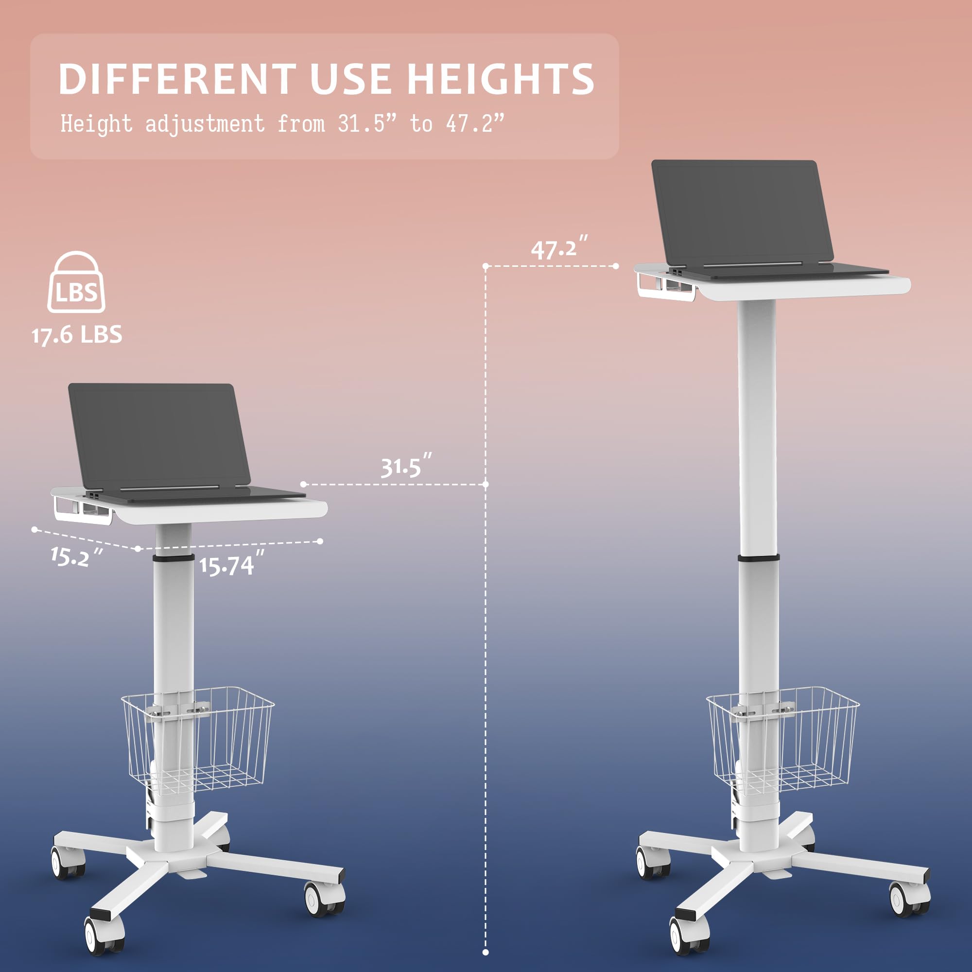 Adjustable Height Portable Laptop Desk with Wheels - White Mobile Computer Cart for Standing Workstation, Home Office, Medical Utility, and Classroom Use